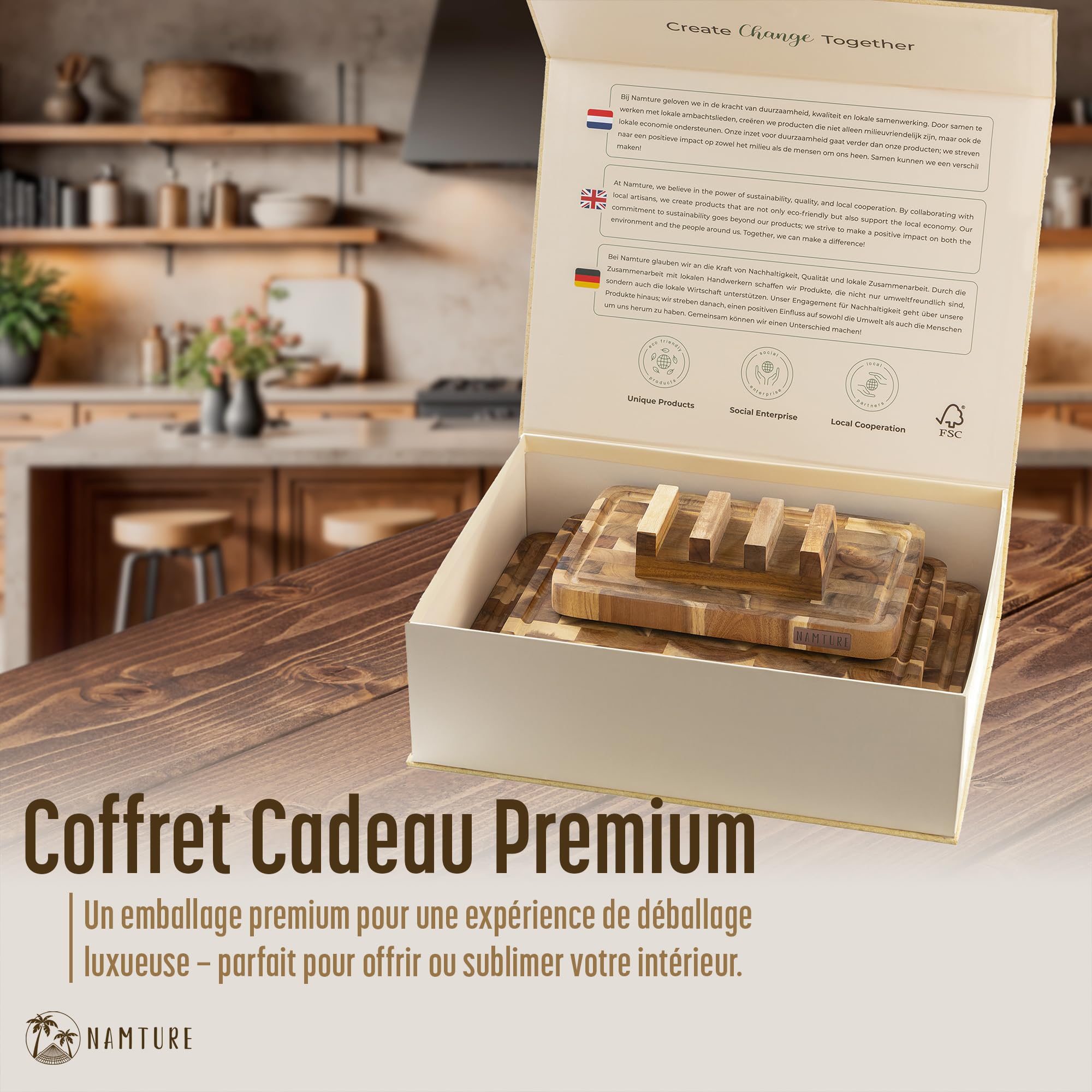 Set de 3 Planches à Découper en Bois d’Acacia – Billots Bois de Bout avec Rigole à Jus, Pieds Antidérapants & Support – Coffret Cadeau Premium