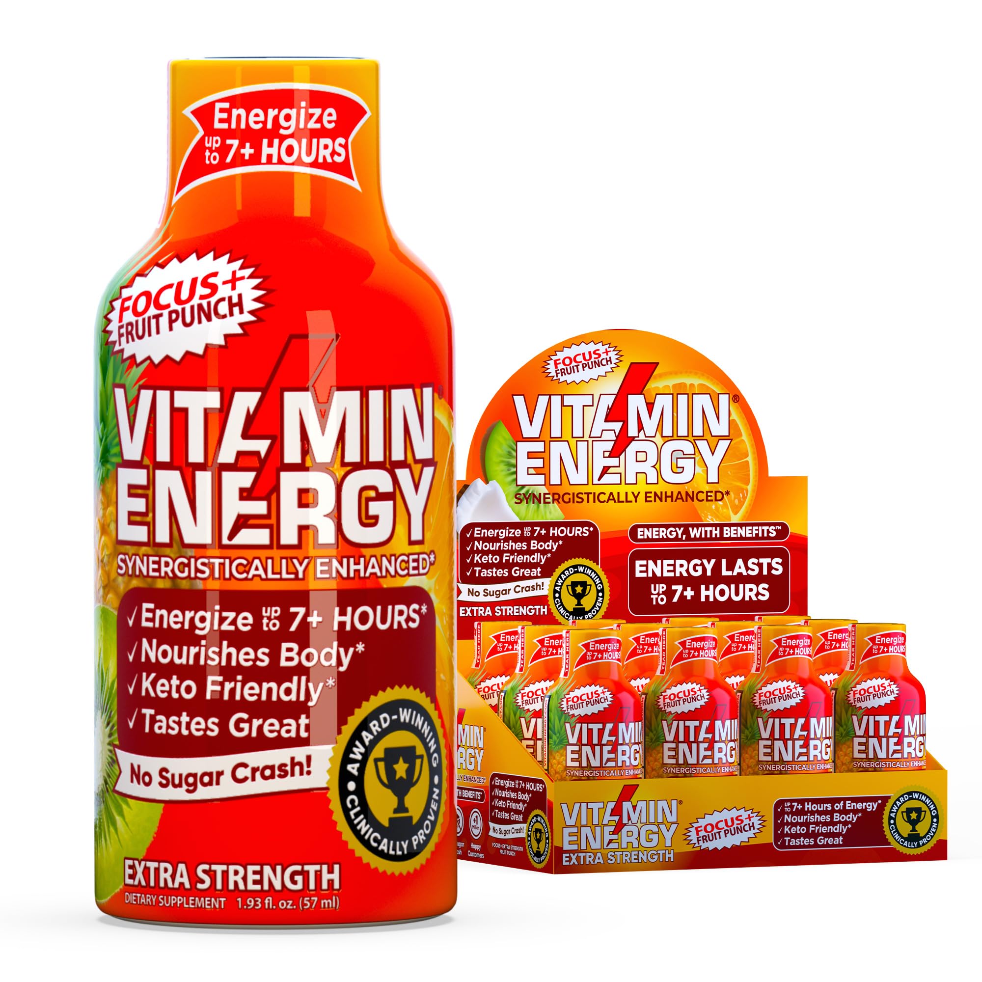 Vitamin Energy Focus+ Extra Strength Energy Shot Fruit Punch 12 Pack, 260mg Natural Caffeine, B-Vitamins, CoQ10, Amino Acids, Focus, Productivity &