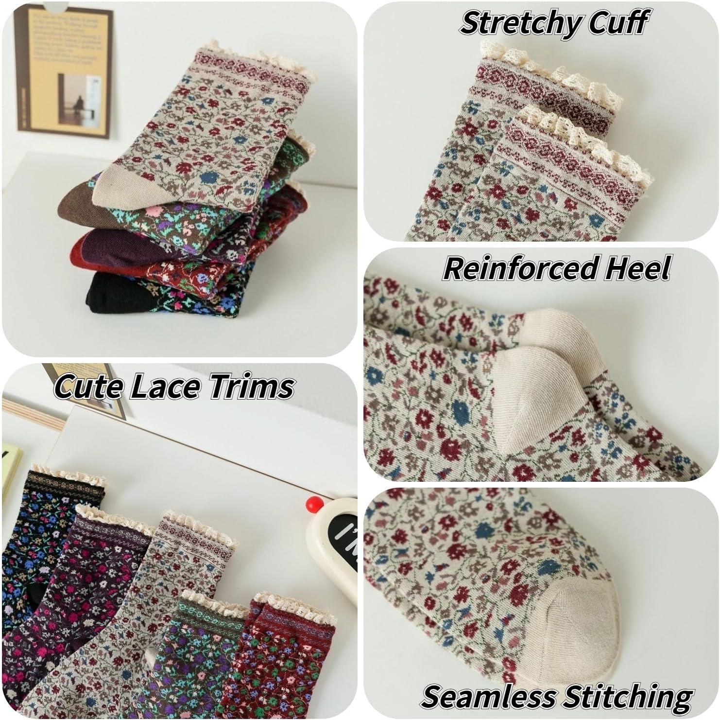 Vintage Style Embroidered Floral Socks for Women Girls with Lace Trims, Spring and Fall Cotton Crew Socks - Image 5