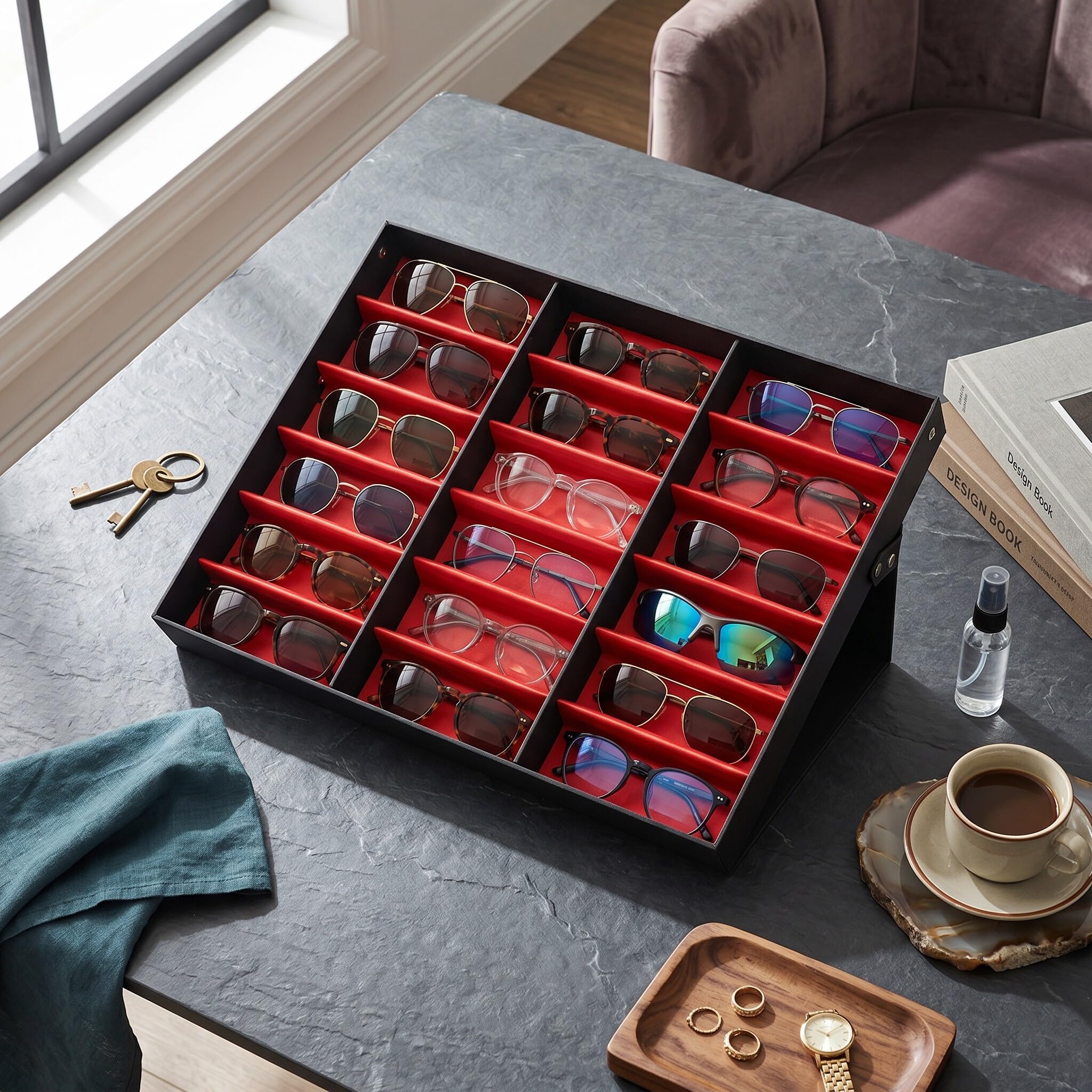 Wakects Scatola Porta Occhiali da 18 Posti, Custodia Espositore per Occhiali da Sole, Nero e Rosso, 47x37x6 cm