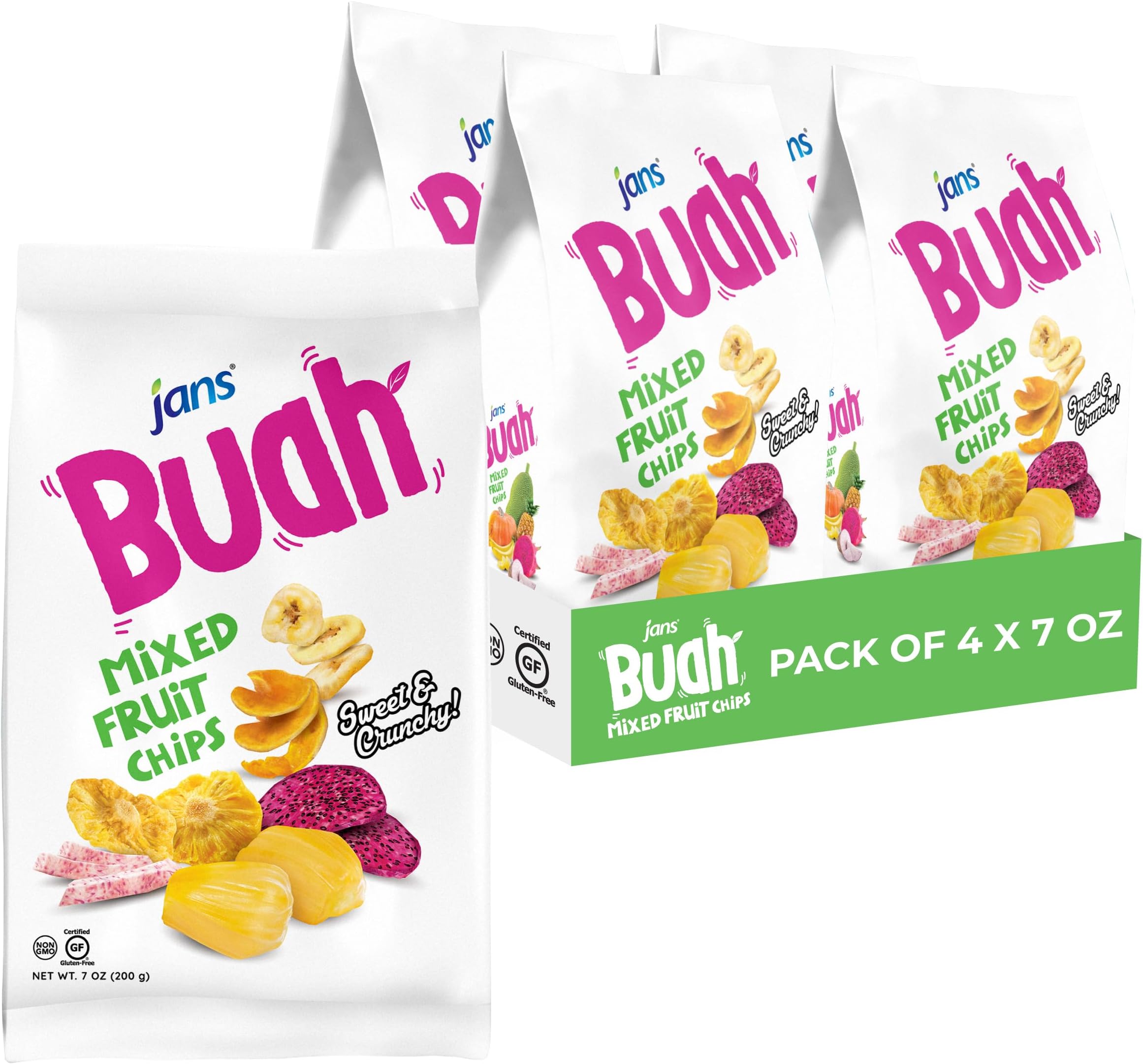Buah Dried Fruit Chips - Experience Real Dried Mixed Fruit, Gluten-Free, Sweet & Crunchy, Ready-to-Eat, Perfect for Anytime Snacking (Pack of 4, Mixed Fruit)