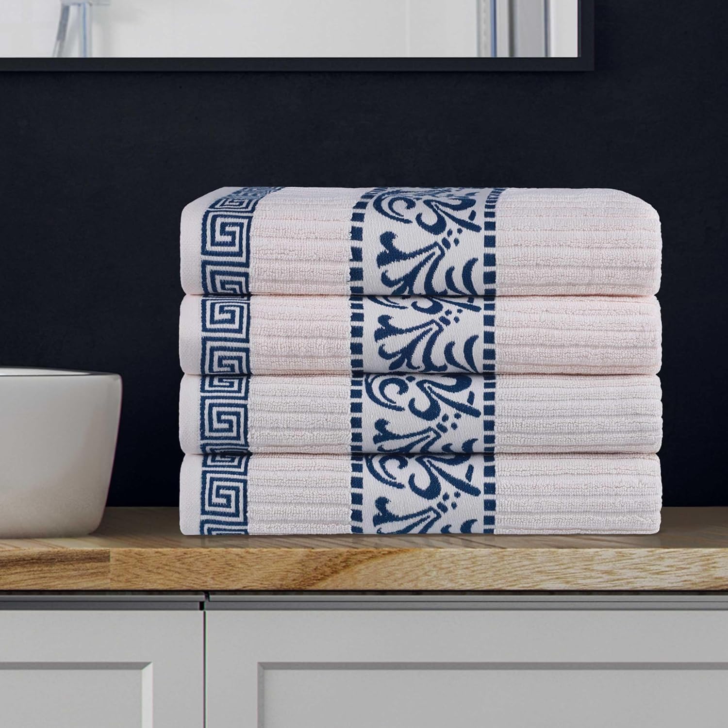 BNM 4 Piece Cotton Bath Towel Set, Greek/Floral Decor For Bathroom, Guest Bath, Spa, Resort, Home Essentials, Absorbent, Adults And Kids, Fast Drying Towels, Medium Weight Towels, Ivory/Navy