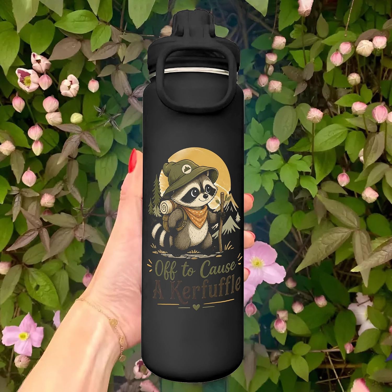 Custom Off To Cause A Kerfuffle 24oz Sport Bottle Straw Lid Personalized Water Bottle Carabiner Hook Cup Holder Funny Outdoor Travel Drinkware Present Idea Friend image 4