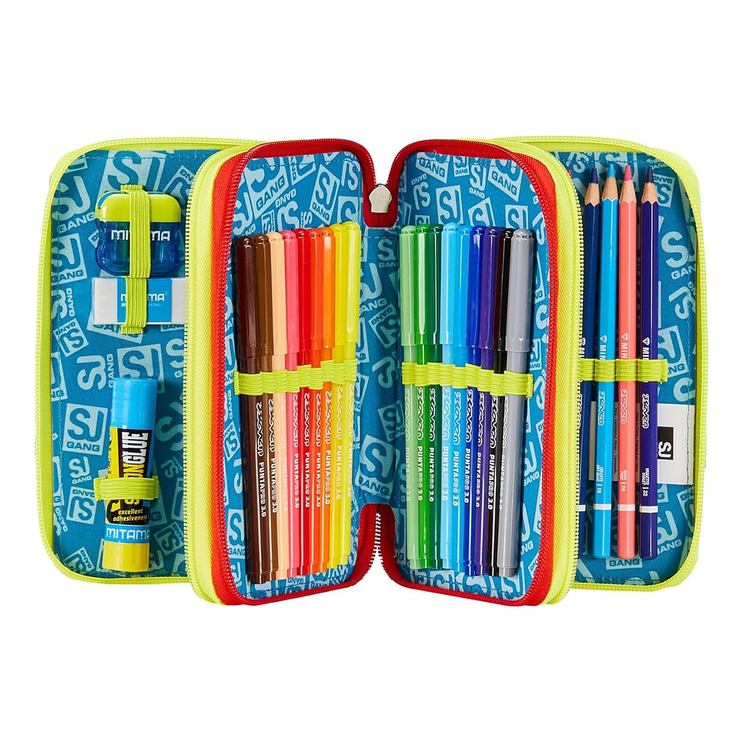 SJ GANG STYLE JAM GANG Astuccio Scuola 3 Zip, Nero, Rosso, FunnyGoal, Portapenne Triplo Scomparto Completo Di Penne, Matite, Colori, Accessori Zaino, Elementari, Medie, Bambino