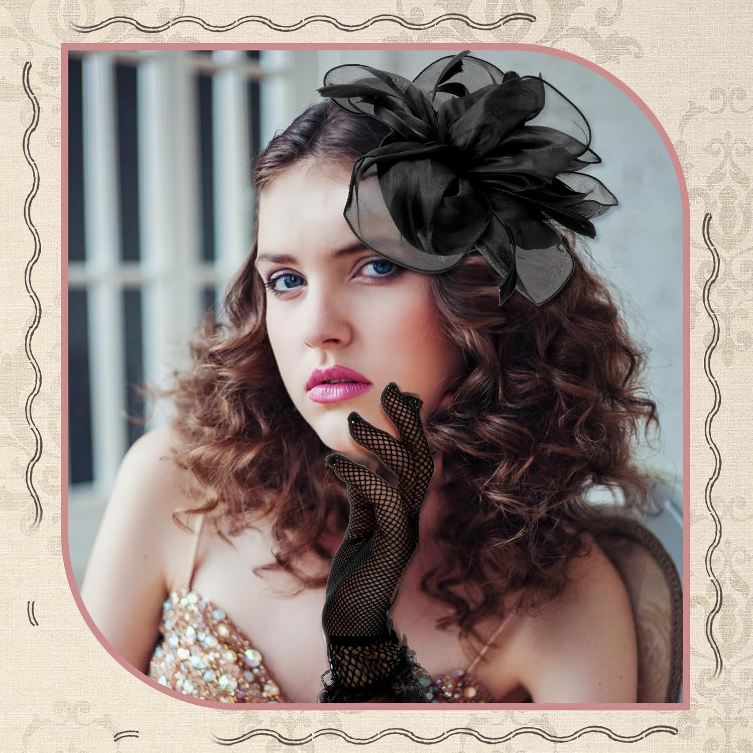 2 Pcs Fascinators Hat for Women Headband Tea Party with Lace Glove 50s Vintage Hat Wedding Feather Veil Hair Clip Black - Image 7