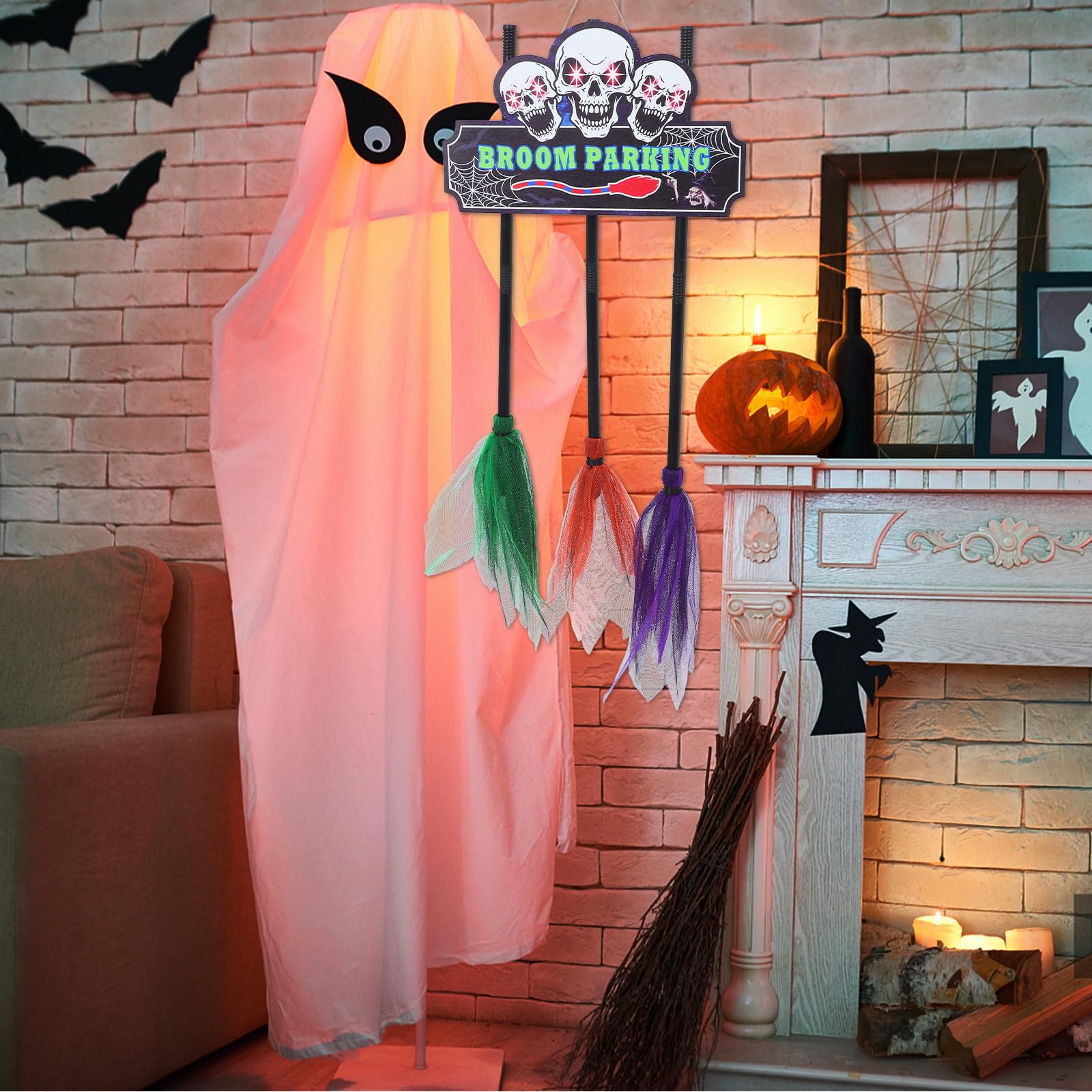 Zerodeko Decorazione Halloween Porta con Insegna Parcheggio Scopa Strega in Legno e Tessuto per Interni ed Esterni, Addobbo per Focolare e Festa