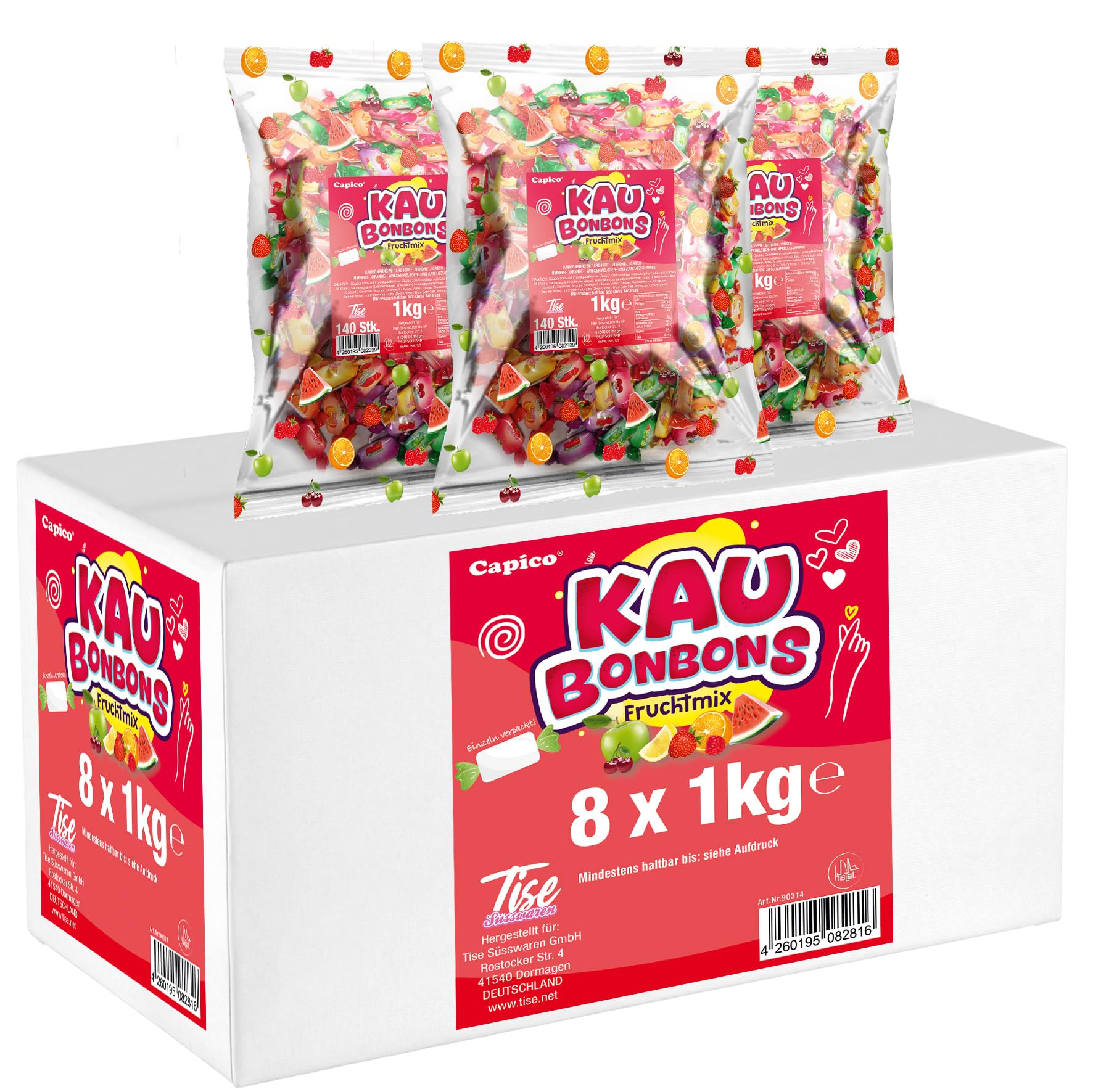 Tise Süsswaren Kaubonbons Fruchtmix 8x1Kg (8Kg) Wassermelone Kirsche Apfel Orange Himbeere Wurfmaterial Karneval Giveaway