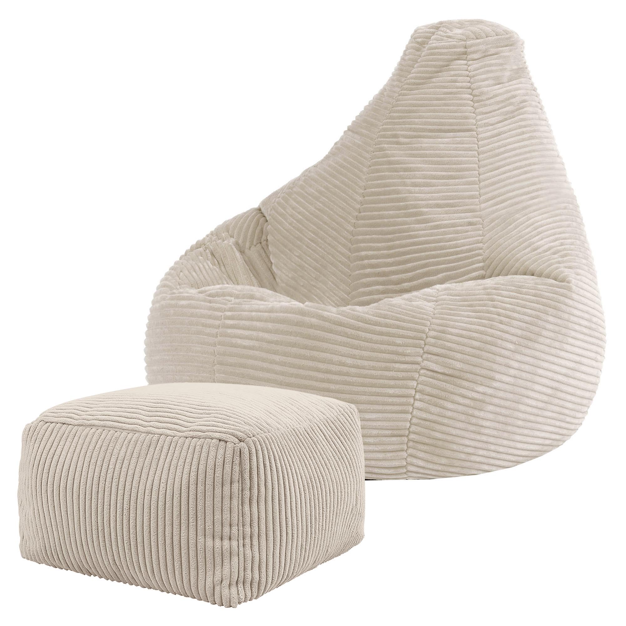 icon Dalton Kids Bean Bag and Footstool, Beige, Cord Kids Bean Bag Chair with Filling Included for Girls and Boys, Childrens Chair, Beanbags for Children, Playroom Décor, Bedroom Accessories