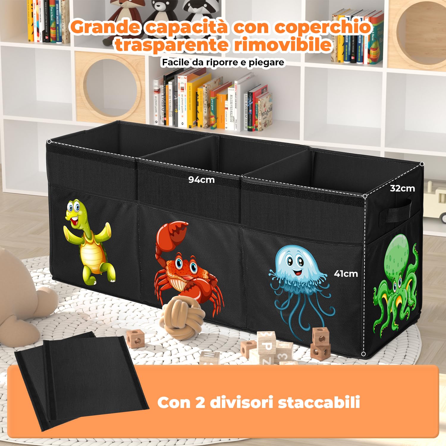 YOHOOLYO Porta Giochi Bambini 123L Pieghevole Contenitore con Coperchio 94x41x32 cm