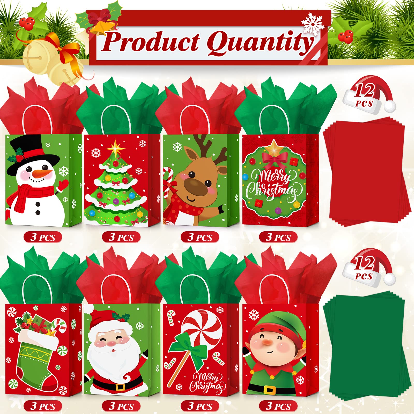Censen 24 bolsas medianas de regalo de Navidad con papel de seda, bolsas de regalo de papel kraft con asa a granel para envolver regalos de Navidad, suministros de fiesta de vacaciones, 10 x 8 x 4