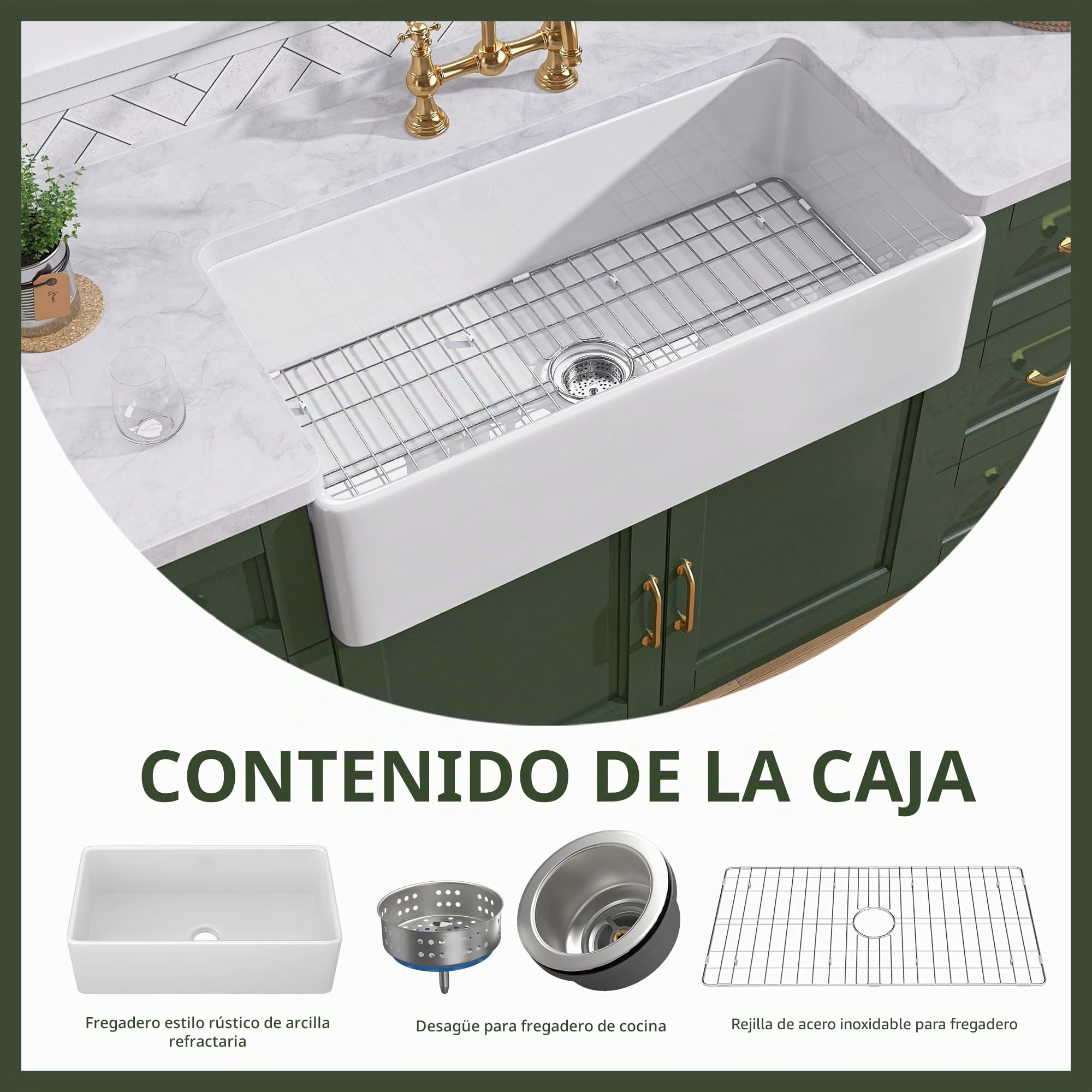 TUKTUK Fireclay Farmhouse - Delantal de fregadero de cocina frontal de un solo tazón para fregadero de cocina profundo con rejilla inferior personalizada y colador