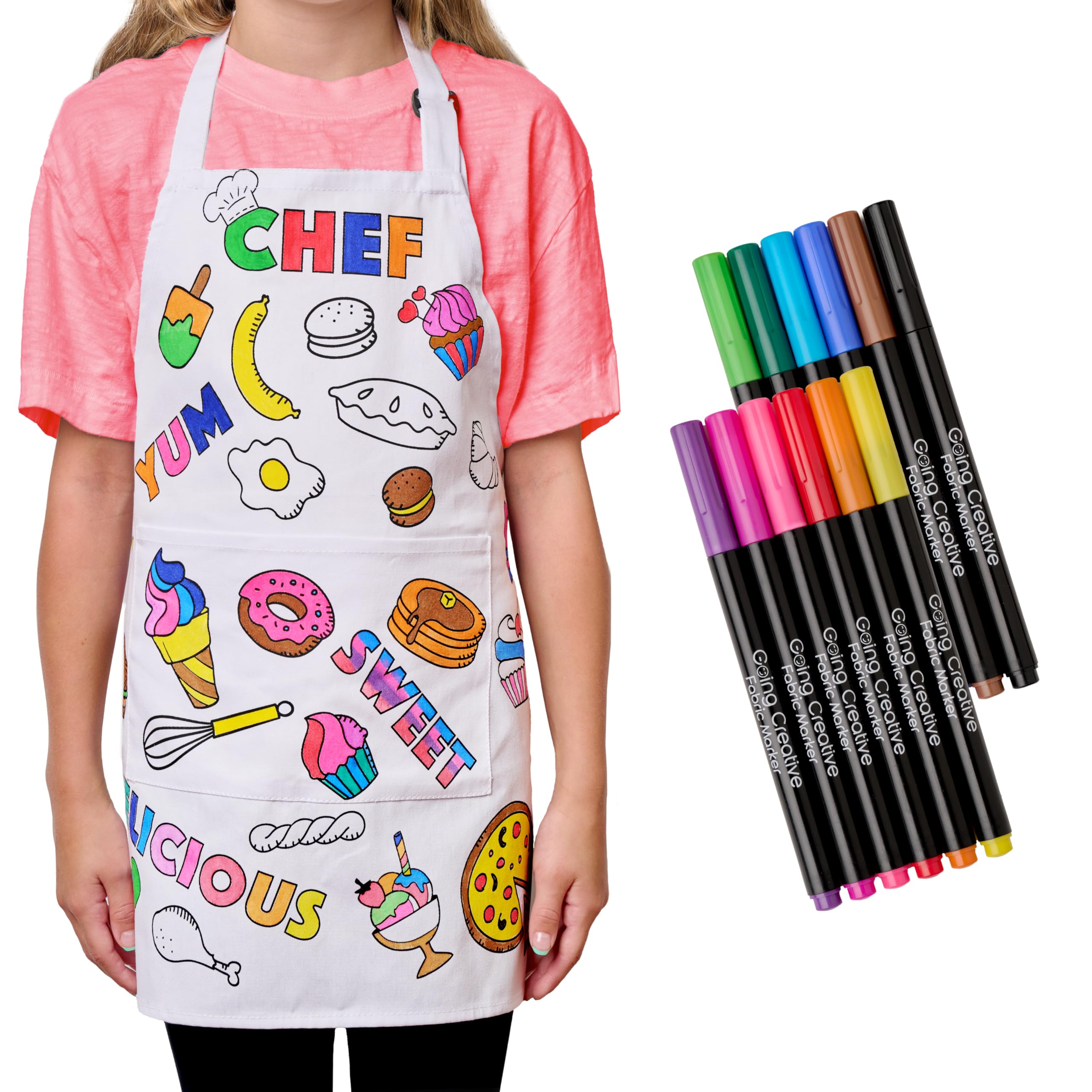 Going Creative Color-An-Apron Kit - 100% Cotton Apron - 12 Fabric Markers - For kids 4-10 Years Old- Fun & Educational Craft for Young Chefs - Great