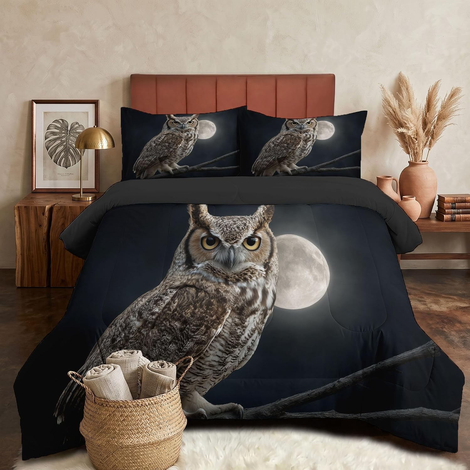 Fantasy Birds Comforter Set King Size, Owl Moonlit Night Bedding Set for Girls Boys, Grey Quilt Bed 104"X90" Bedding Comforter Sets with 2 Pillowcase Room Decor