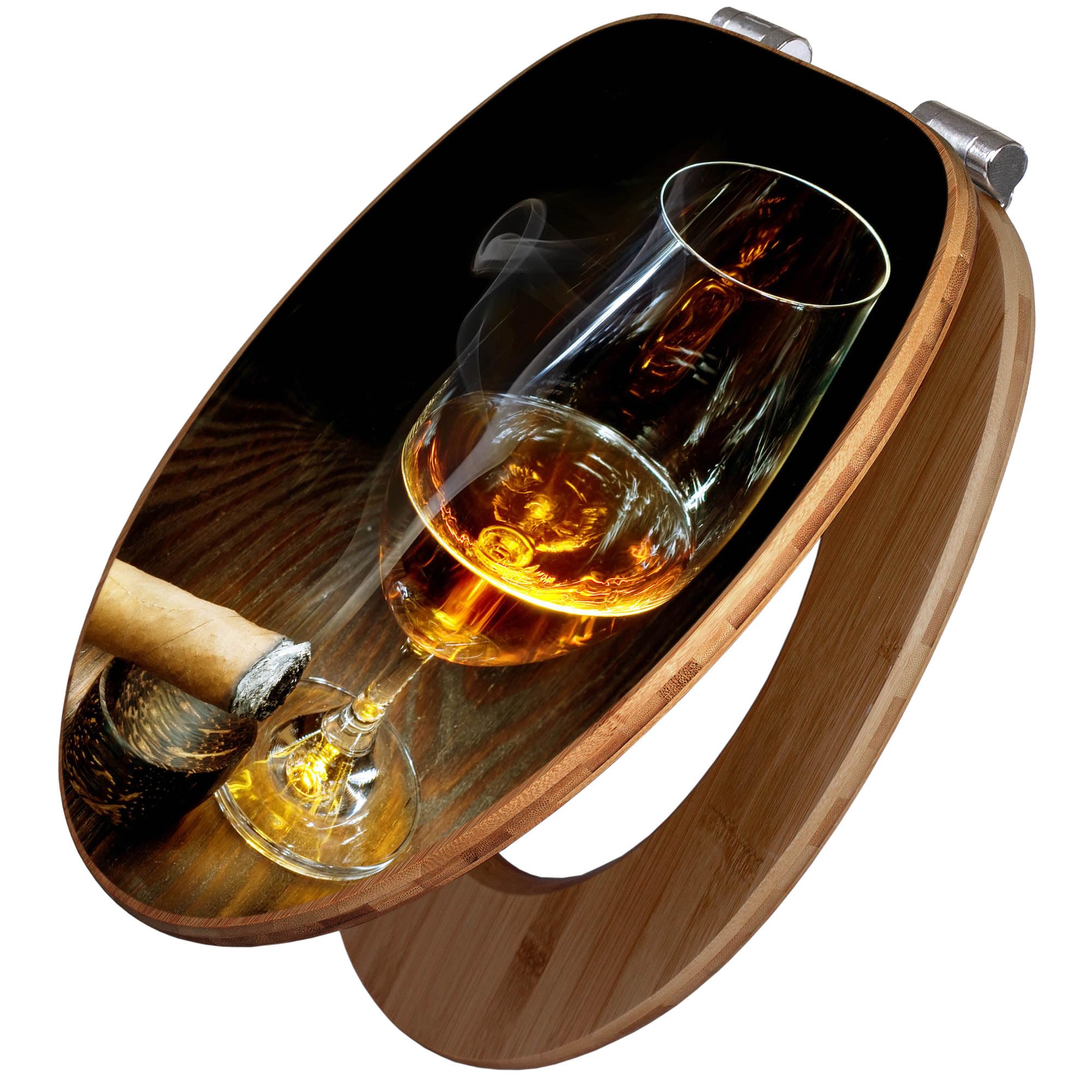 banjado Design WC Sitz Bambus Absenkautomatik 45,8x37,5cm - Toilettendeckel mit Absenkautomatik Holz - hochwertiger Bambus Klodeckel - WC-Sitz für gängigen Toiletten - Motiv Whiskey & Cigar