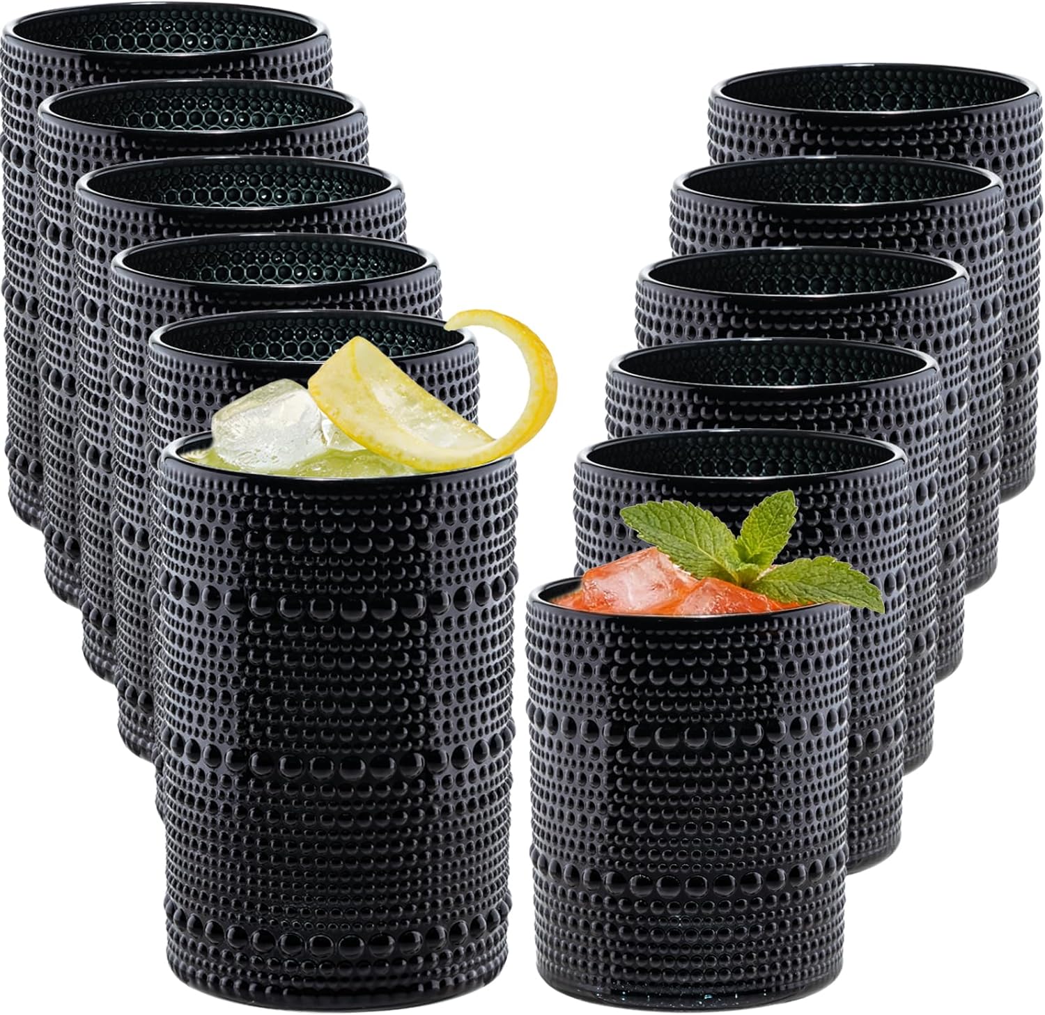 Black Hobnail Beaded Drinking Glasses Set of 12, 12 oz & 15oz Vintage Glassware Set Romantic Water Glasses Tumbler, Water Cups, Embossed Glassware Set for Beer, Juice, Cocktail, Soda, Beverages