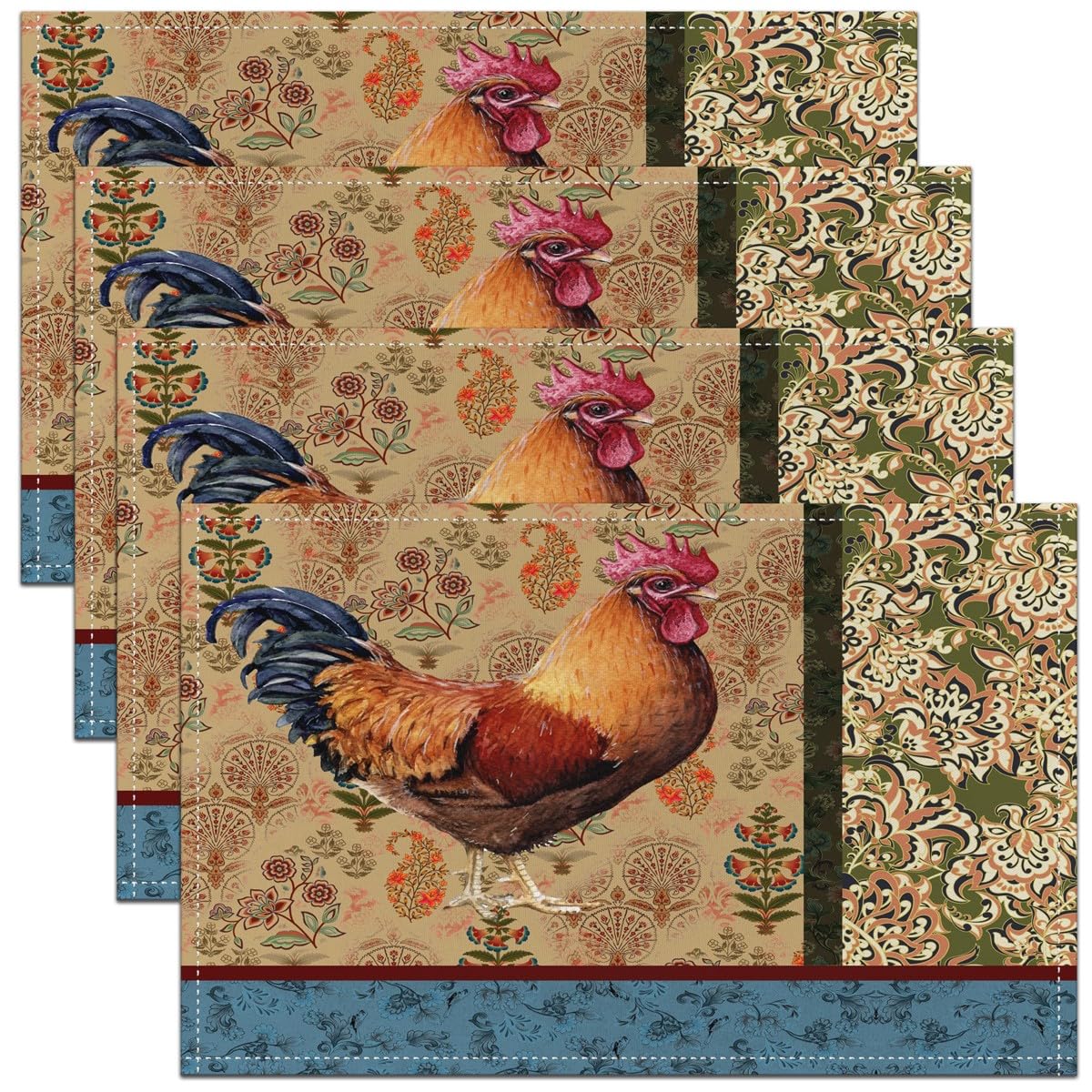Retro Rooster Table Place Mats Vintage Farmhouse Washable Fabric Table Mats Placemat Placemat Farm Chicken Animal Bedroom Decor Yellow Green Placemat 45X30cm