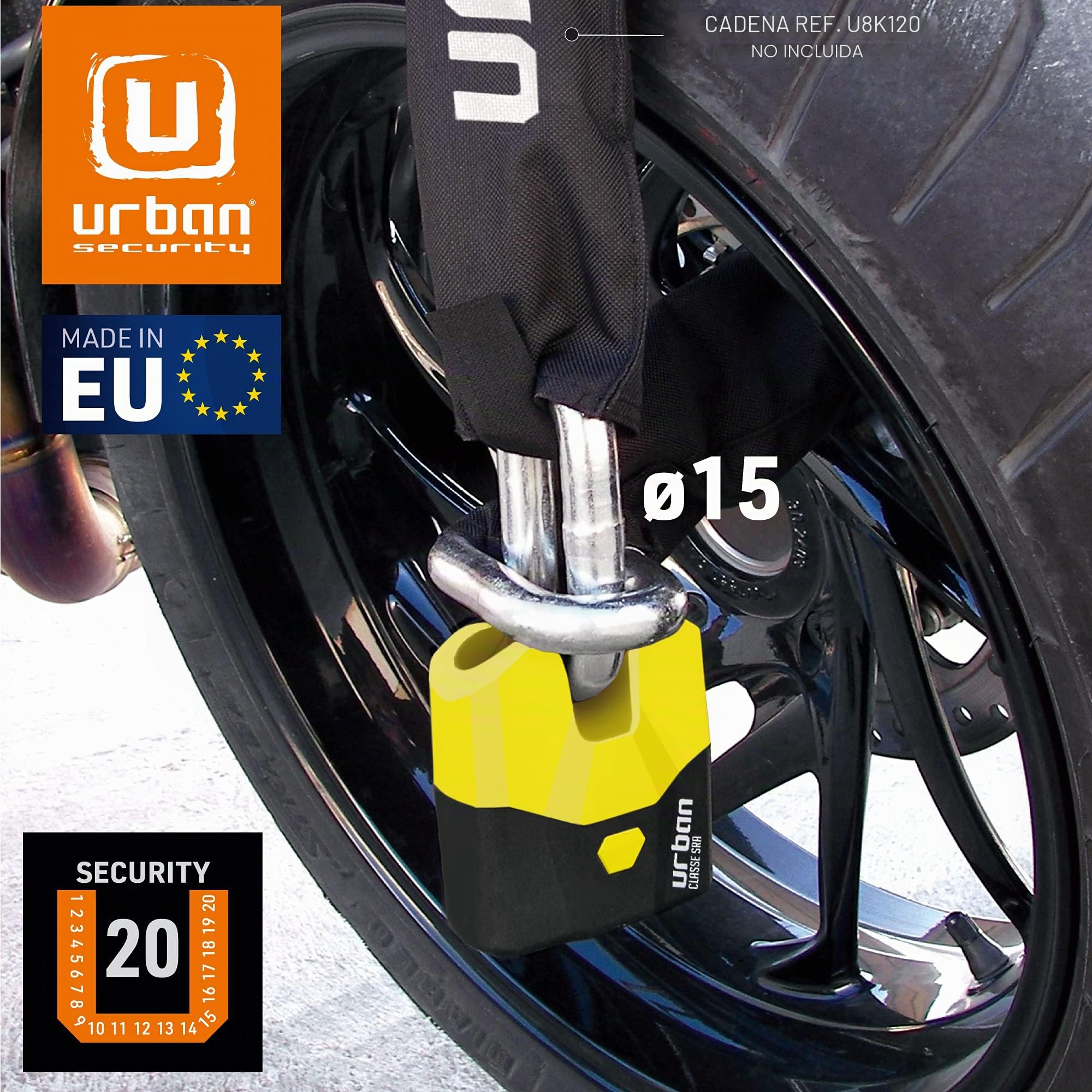 URBAN U8K Candado Moto Cadena Antirrobo, Homologación SRA Alta Seguridad, Acero Endurecido ø15, Doble Cierre, Cerradura Anti-Ganzua Anti-Taladro, 100cm para Anclaje Garaje Moto Bicicleta Eléctrica