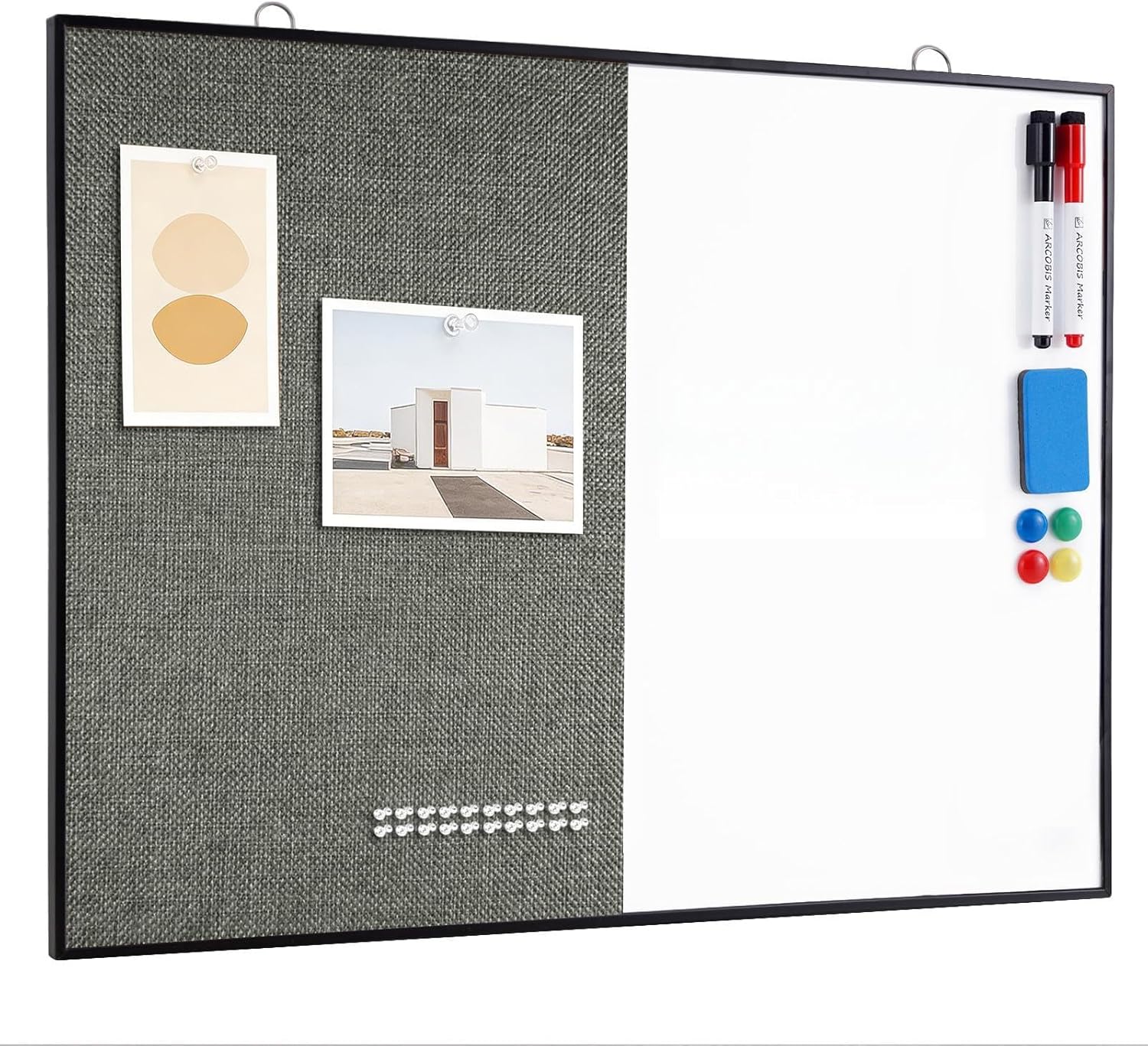 ARCOBIS Cork Board White Board Combo, 24"X18" Linen Bulletin Board Whiteboard for Wall, Double-Sided Magnetic Dry Erase Corkboard for Home, Office, School, Black