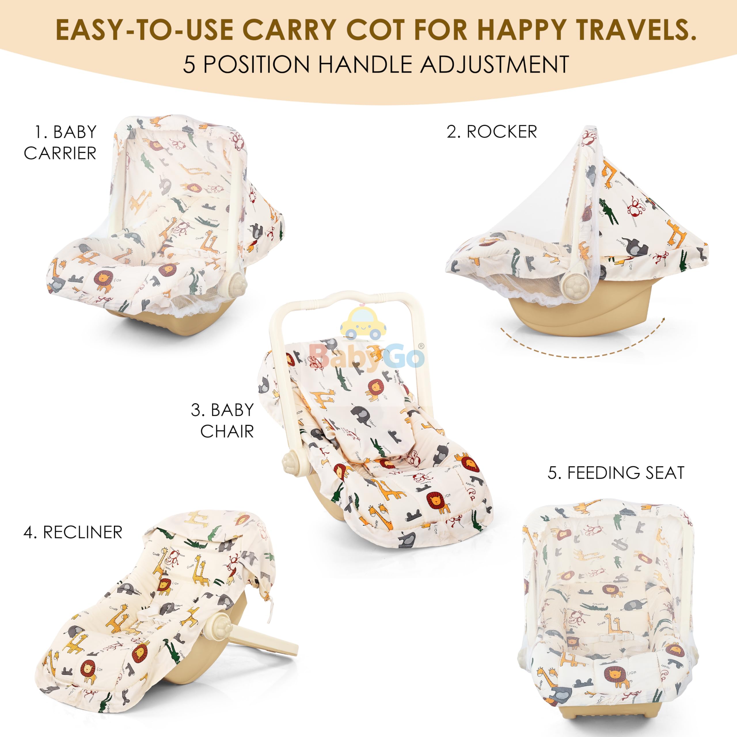 BabyGo 5-in-1 Baby Carry Cot & Rocking Chair with Adjustable Handle, Safety Belt, Large Canopy, Anti-Mosquito Net & Washable Double Cushion Seat for Newborns & Infants – Beige 1