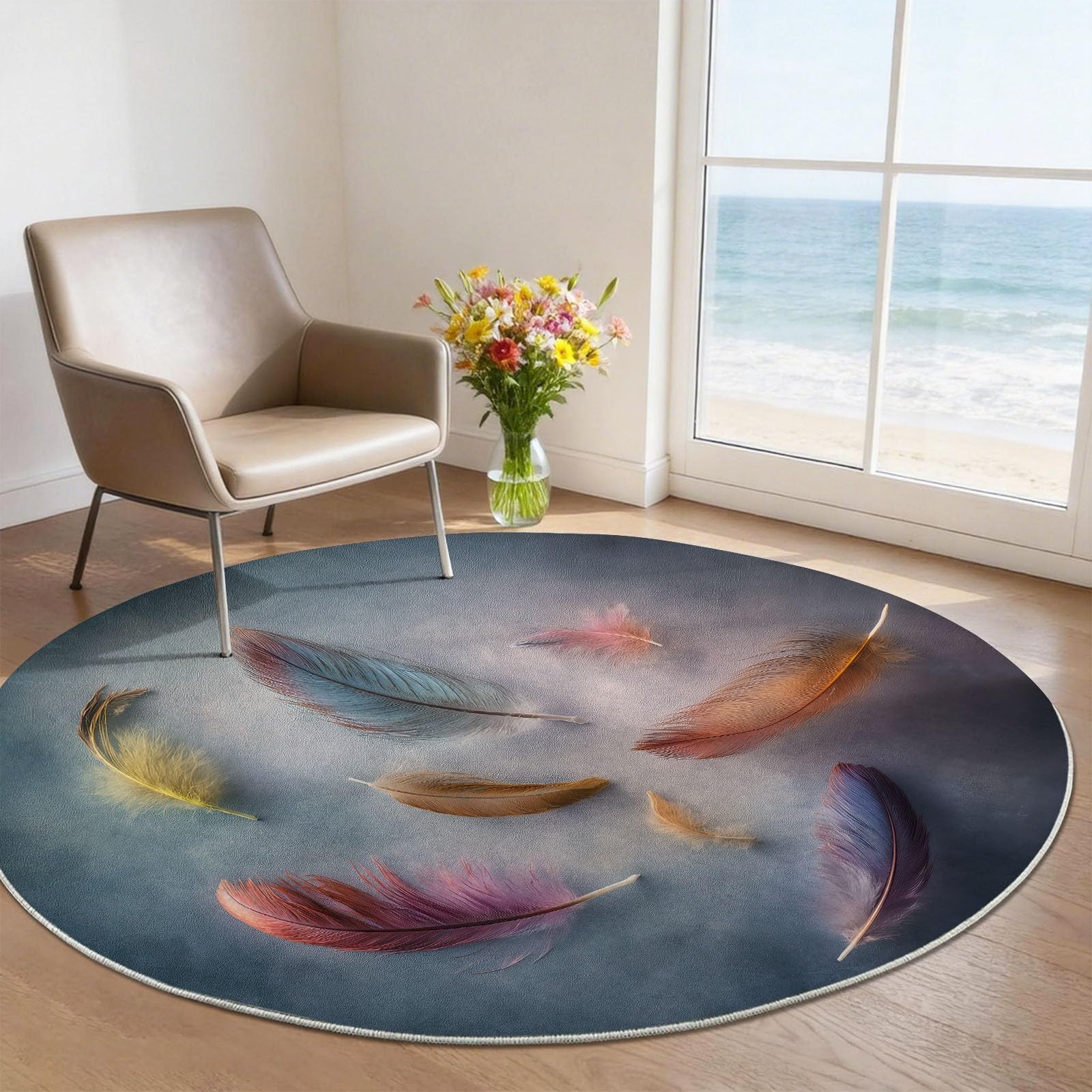 Tapis rond gris 160 cm aquarelle douce lavable pour chambre d'enfant et salon