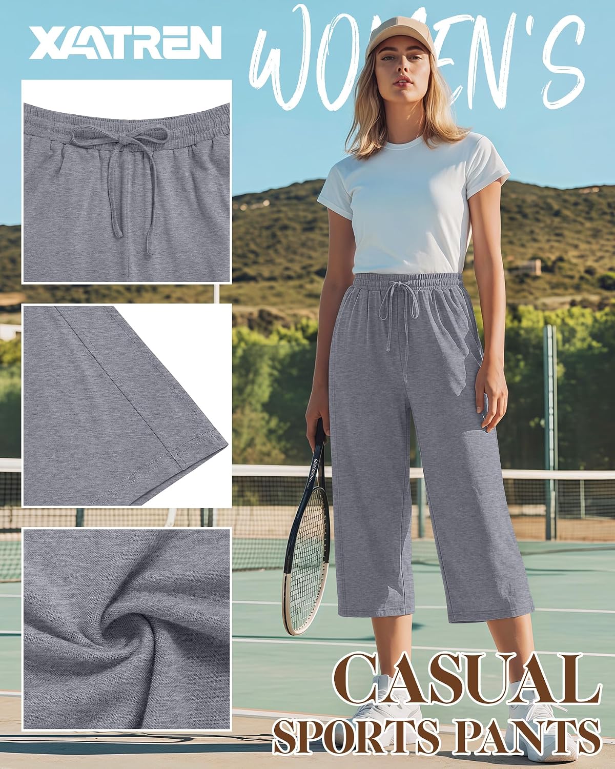 Xaatren 3 Pcs Womens Capri Pants Wide Leg Drawstring High Waisted Cropped Sweatpants Loose Workout Capris Yoga Lounge Pockets