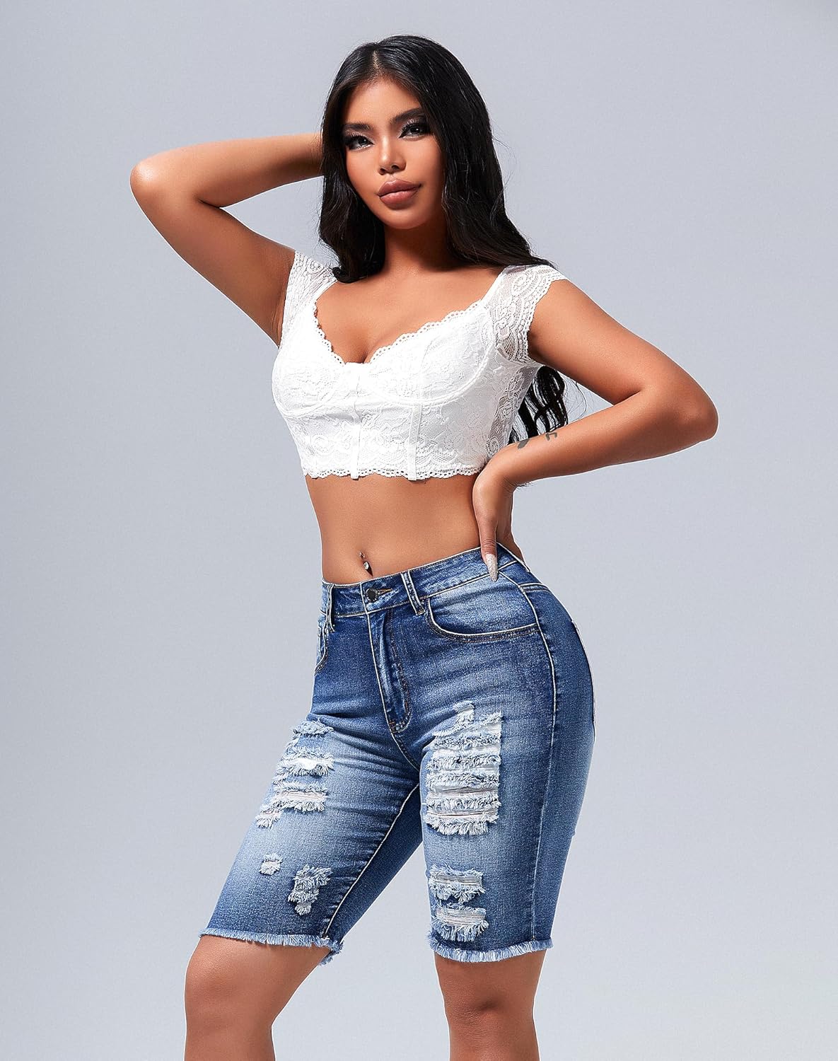 roswear Womens Ripped Stretchy Long Jean Shorts Mid Rise Frayed Cut Off Bermuda Shorts - Image 3