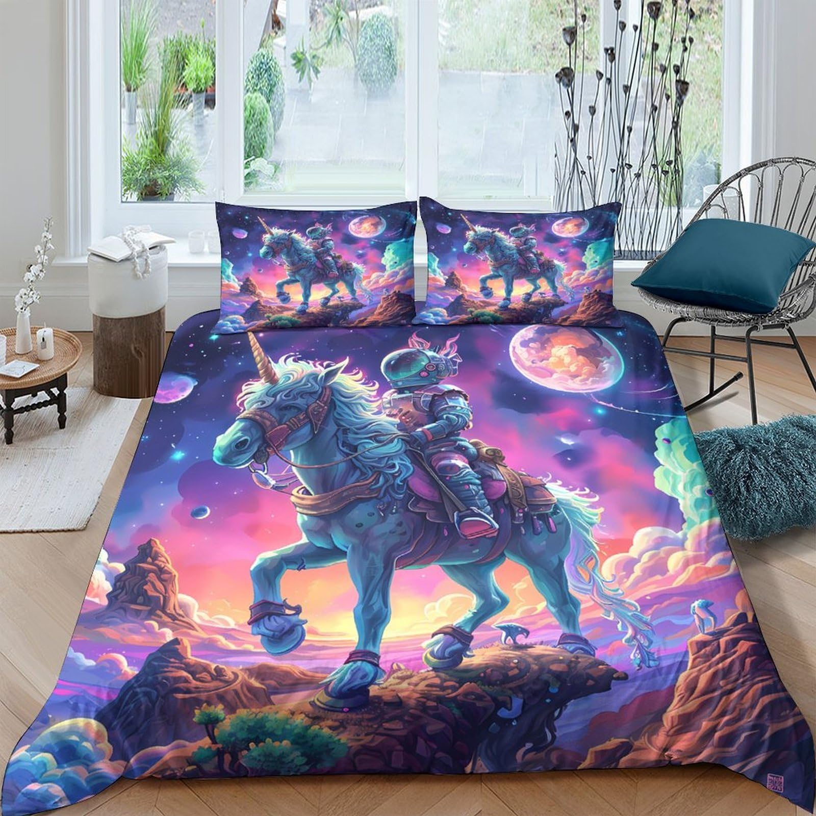 Ctjqhvkz Style-8 3D Printed Fantasy Unicorn Fitted Sheet Microfiber Soft Vibrant Cosmic Planet Mattress Cover For Bedroom Dorm Decor Single（135X200cm）
