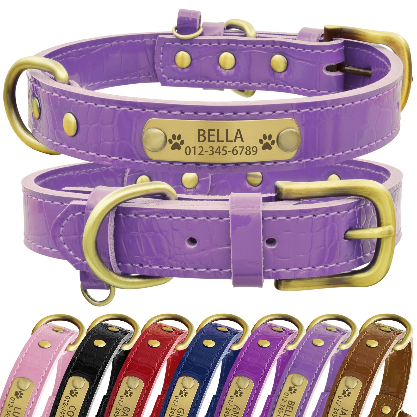 Senristar Personalised Genuine Leather Dog Collar with Engraved Name Plate - Durable and Stylish Custom Dog Collar for Small, Medium, and Large Dogs (XS,Light Purple)
