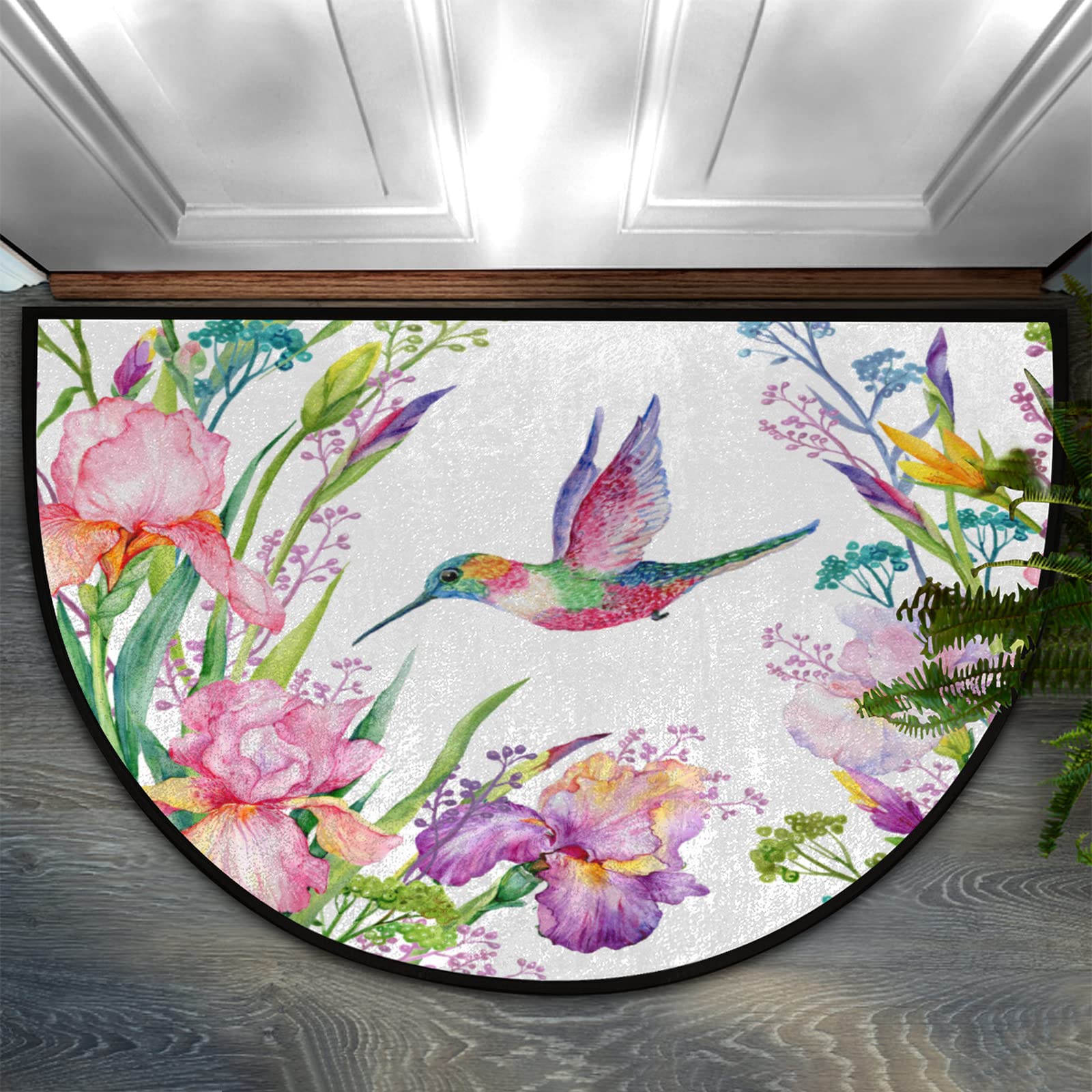 Hummingbird Animal Half Round Door Mat Indoor Entrance, Spring Flower Non Slip Absorbent Doormats, 24 x 36 Wear Resistant Semi Circle Floor Mats Area Rugs for Home Kitchen Patio