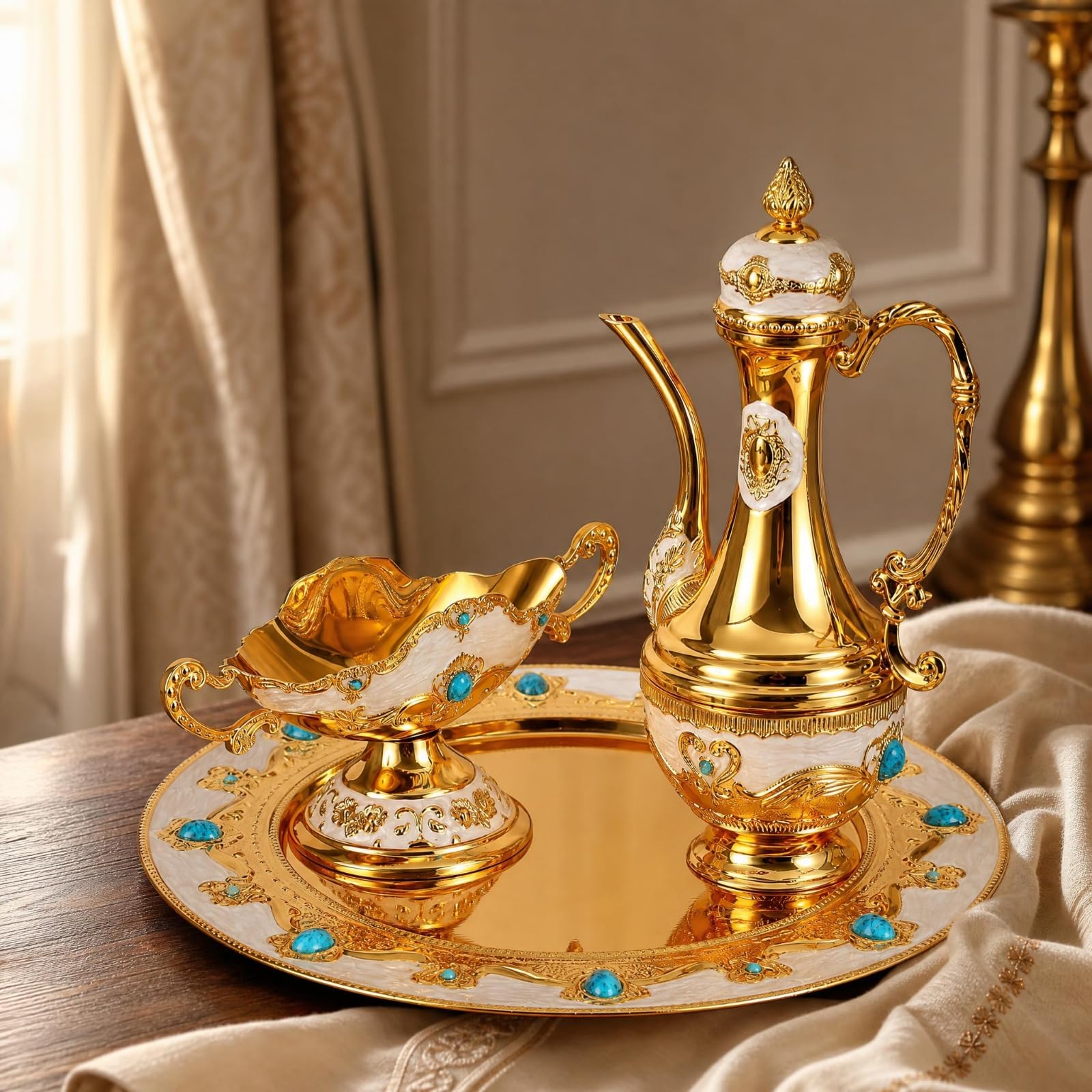Jarra Tapada Centro Espejado Set Ornamental Estilo Tradicional Bandeja Redonda para Servir Bebidas, Dorado