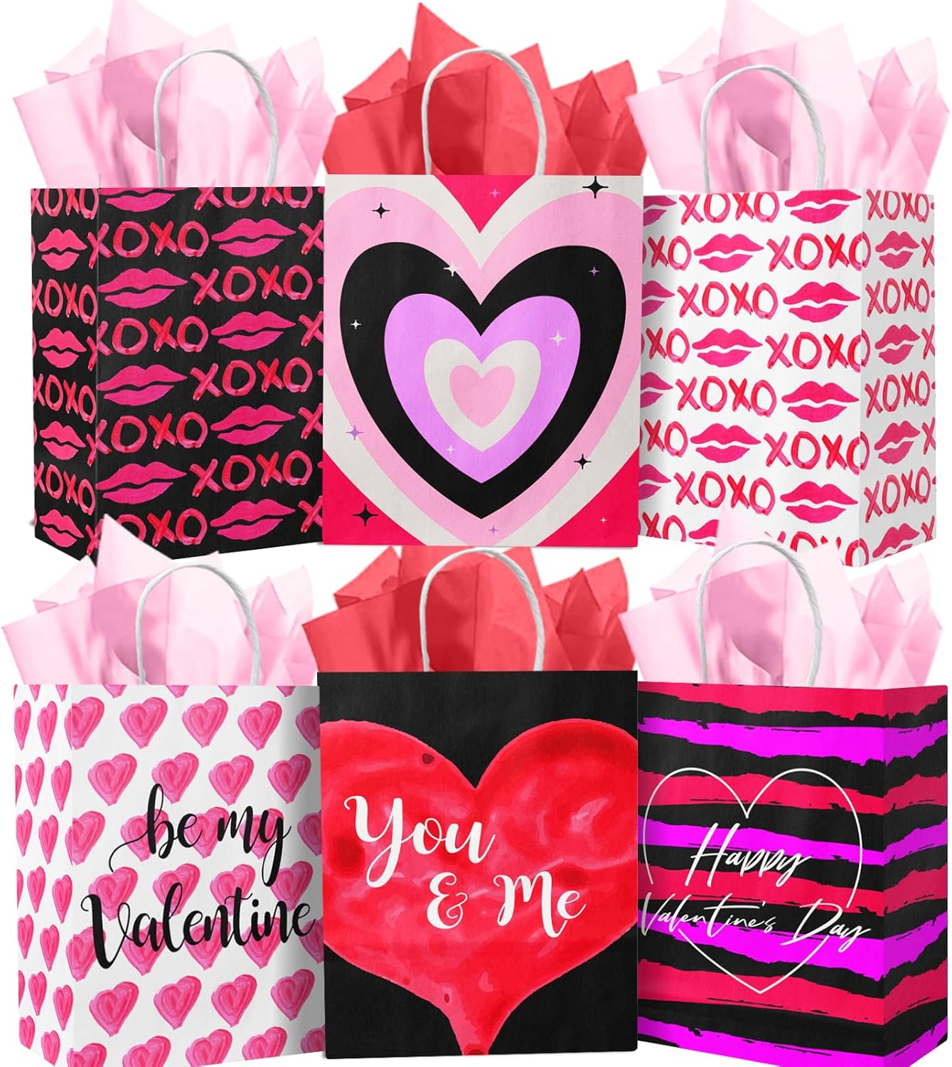 Gcardist Valentine Gift Paper Bags 6 Designs 3"×6"×8.3" Small Size 30-Packs Festival Party Favor Kraft Bags with Handle Bulk