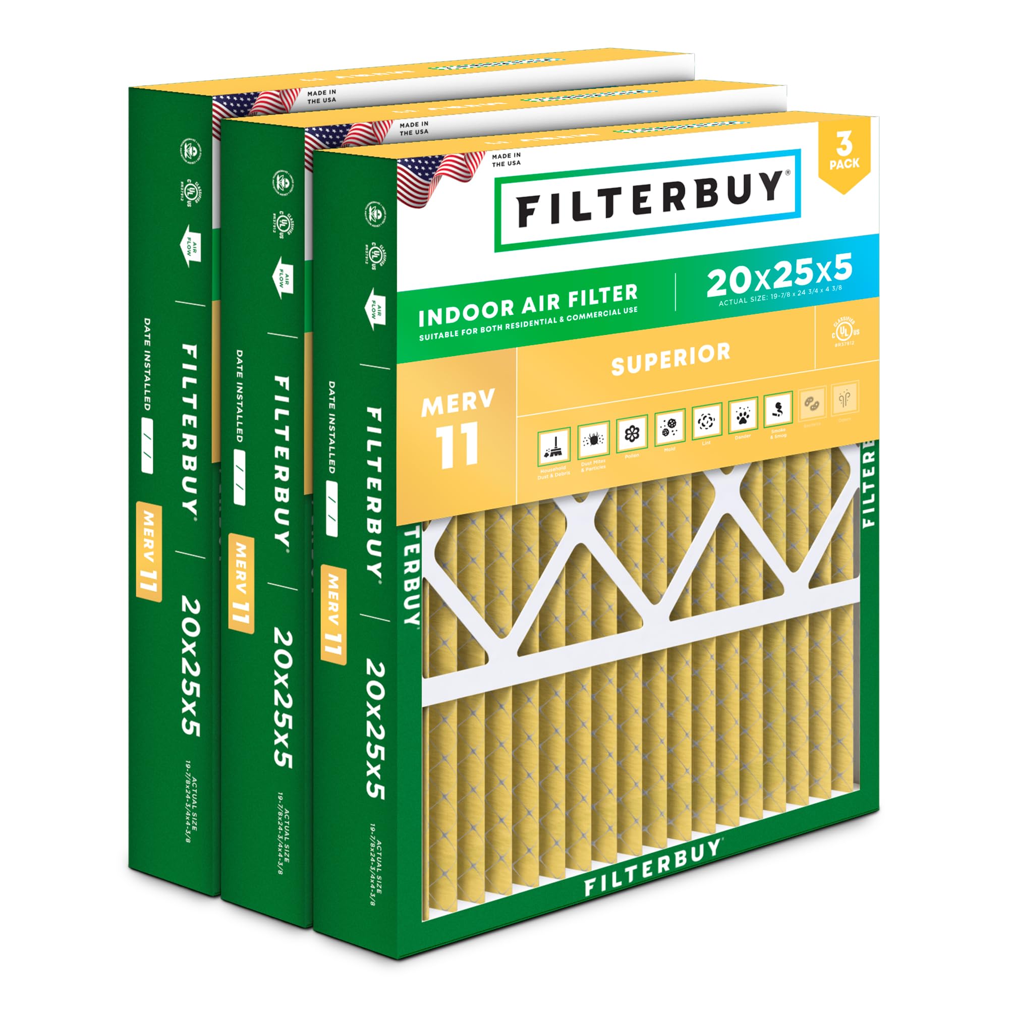 Filterbuy 20x25x5 Air Filter MERV 11 (3-Pack)