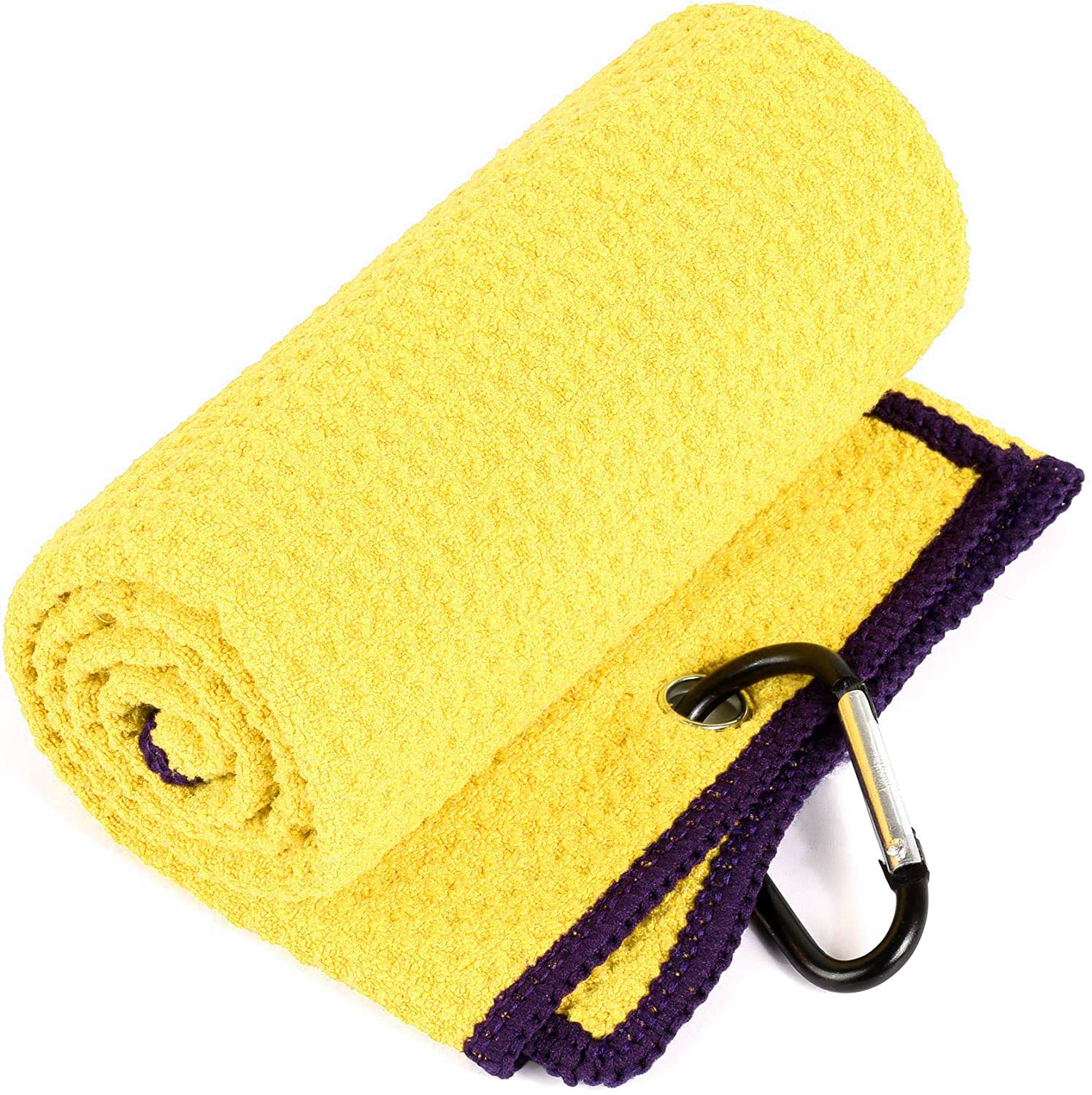 VIVIDLY Paquete de 2 toallas de golf de triple pliegue, tela de microfibra de alta calidad, patrón de gofre con mosquetón negro resistente, toallas de golf amarillas para bolsas de golf para hombres