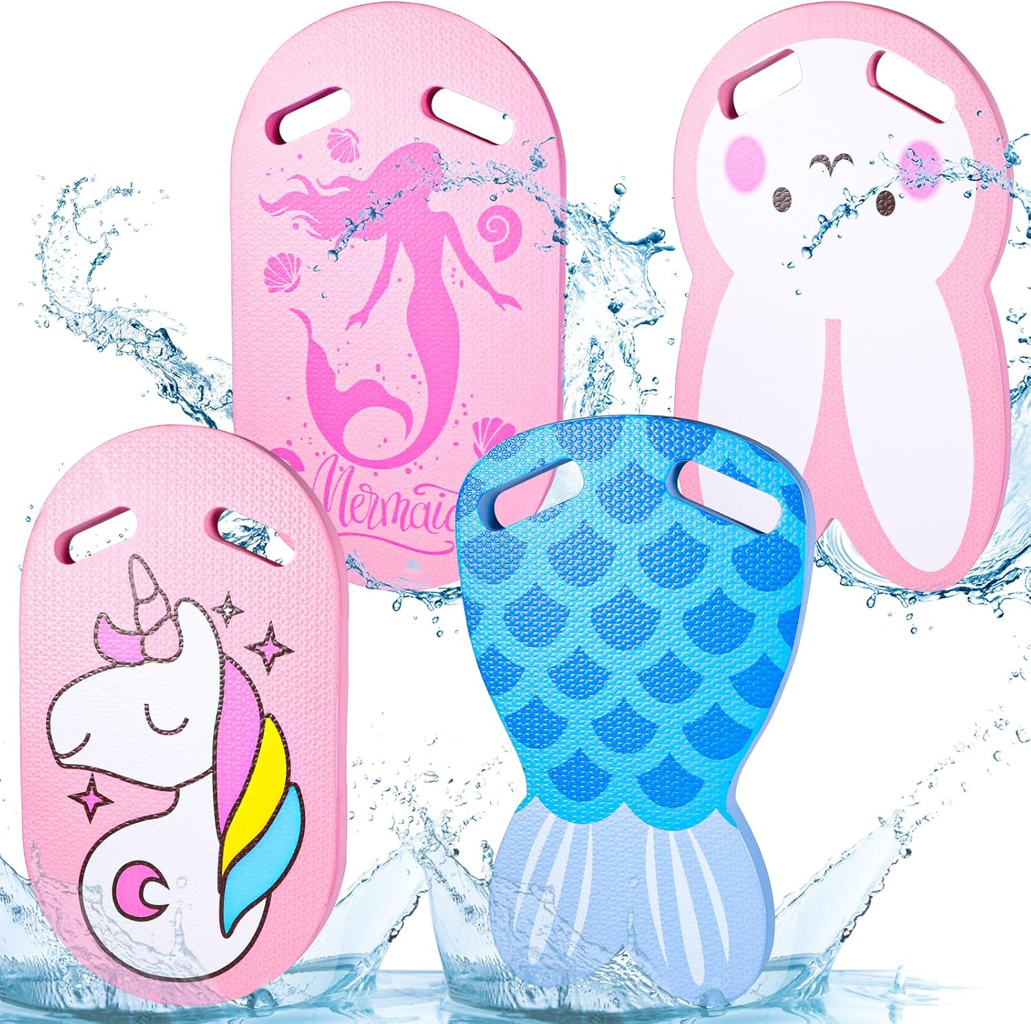 4 Pcs Kids Kickboard for Pool Swimming Board with Handrail Holes Unicorn Bunny Fishtail Mermaid Shark for Swimming Training Beginners Practising Summer Pool Party