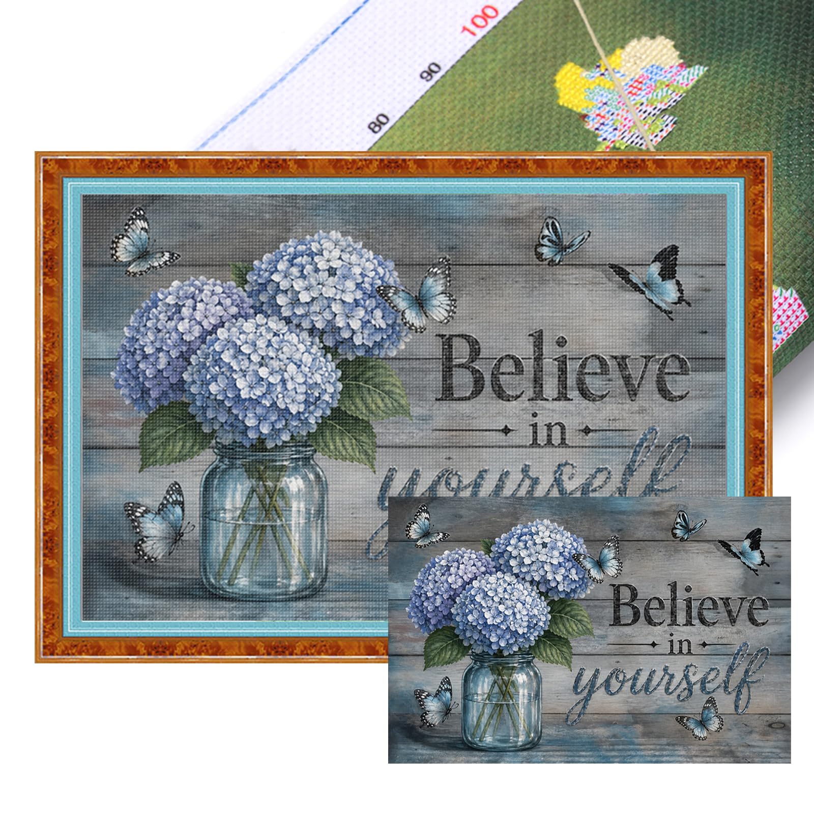 POETRYDRAW Hydrangea Cross Stitch Kit with Saying, 11CT 3 Strands, DIY Embroidery Starter Kit, 23.62x15.74in, Home Decor for Beginners & Adults (11CTACC-13091 C 60X40)