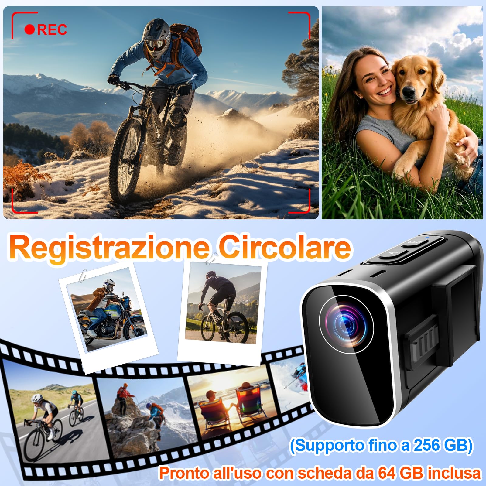 Action Cam 4K WiFi, Stabilizzazione a Doppia Lente Telecamera Moto, Registrazione di 6 Ore Telecamera Casco Moto con Scheda MicroSD da 64 GB