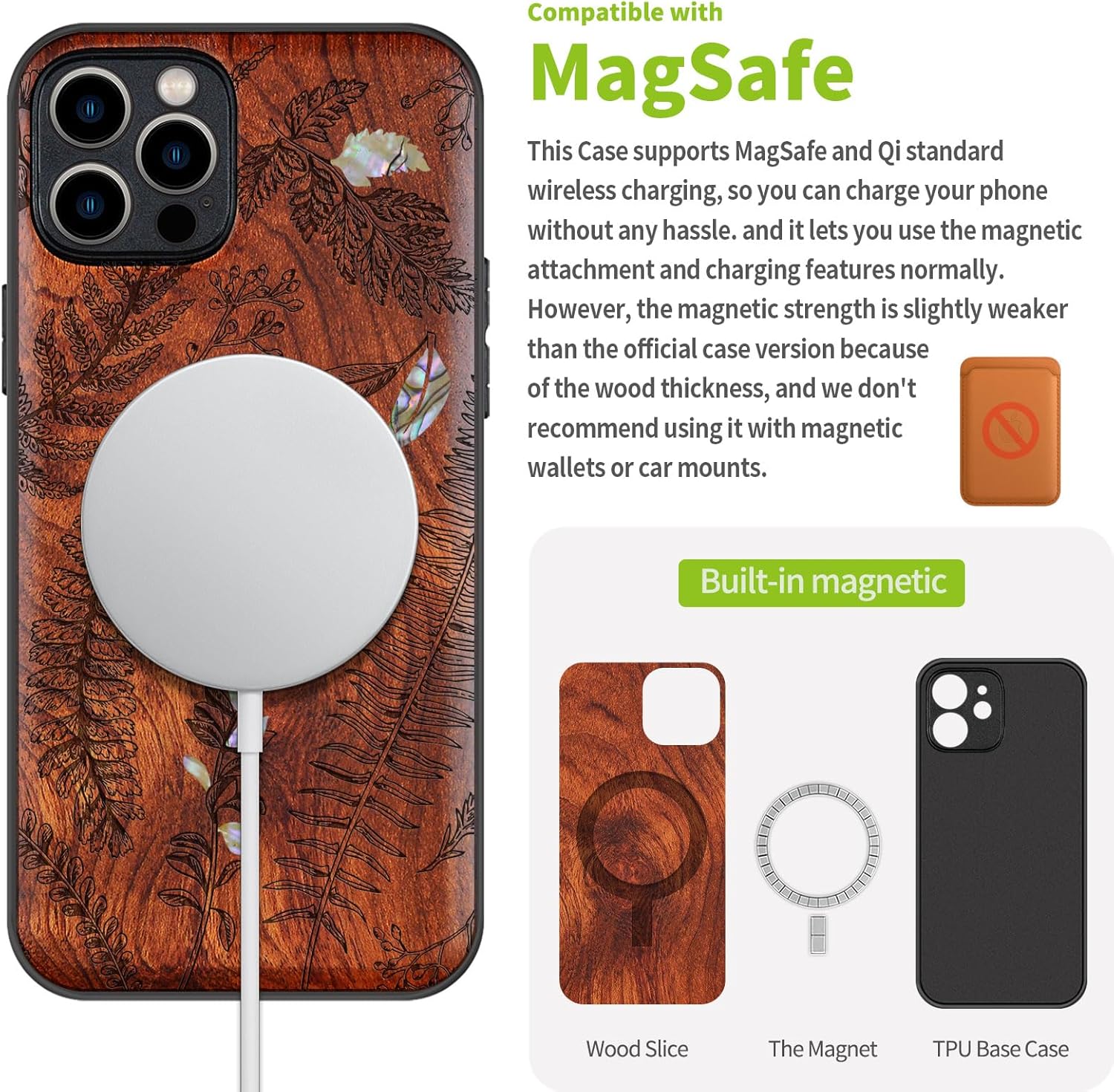 Carveit Designer Wooden Protective Case for iPhone 12 Pro Max Magnetic Cover [Wood Engraving & Shell Inlay] Compatible with 12 Pro Max MagSafe (Fern Leaves & Herbs-Rosy)