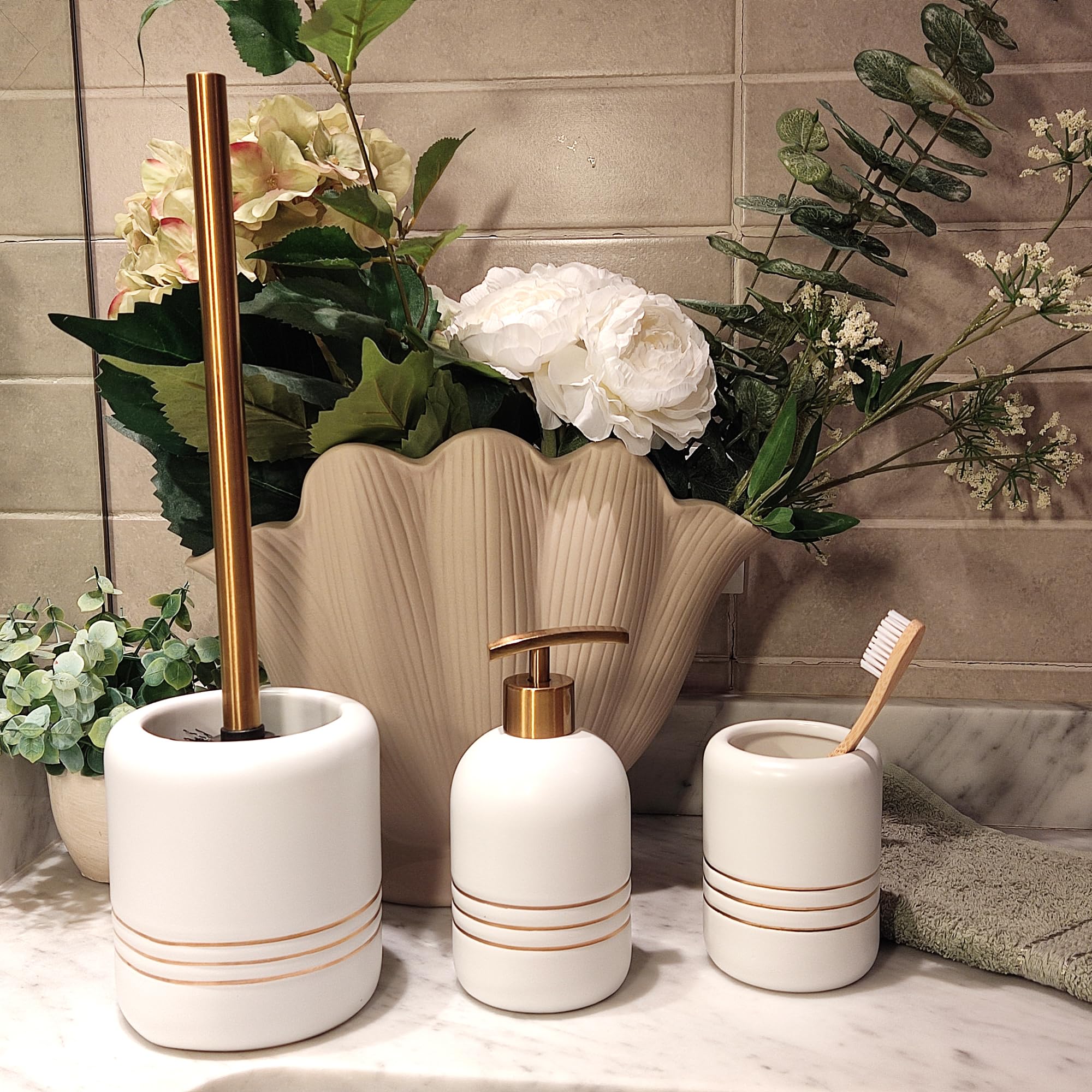 Badezimmer Zubehör Set aus Keramik, 3-teiliges Luxuriöses Badaccessoires Set, Stilvolle Bathroom Accessories für Ihr Bad