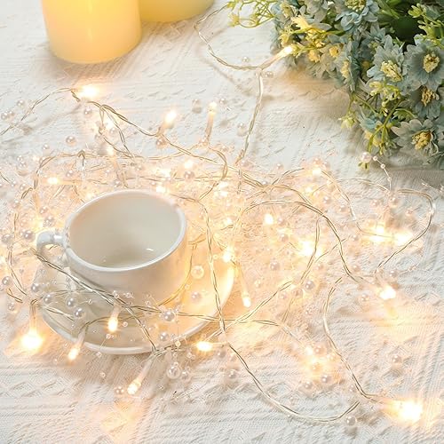 Miniatura 1 de Cadena de 40 luces LED con cuentas de bayas de perlas de 14 pies, funciona con pilas, 2 modos intermitentes adecuados para bodas, Navidad,