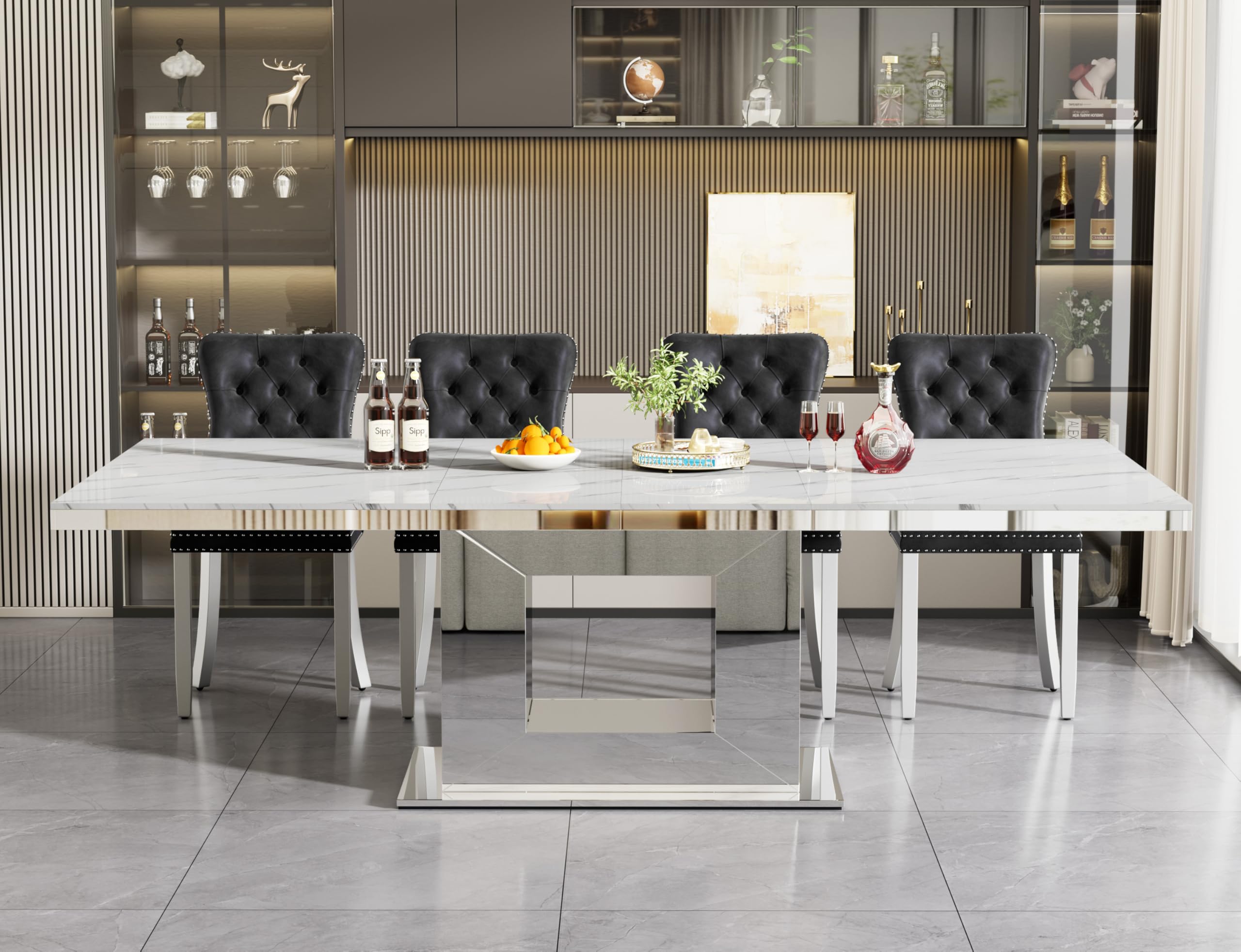Modern 63"-94" Rectangular White Faux Marble Extendable Dining Table for 6-10, Luxury Rectangular Dining Room Table, Kitchen Dinner Tables with Marble Veining Tabletop and Mirror Acrylic Base