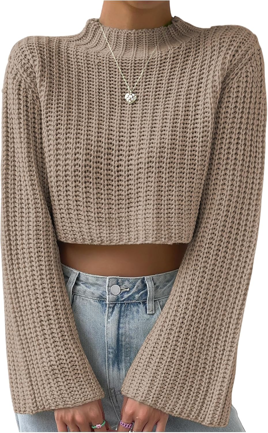 MakeMeChic Women's Mock Neck Crop Sweater Bell Sleeve Knitted Pullovers Jumper Tops