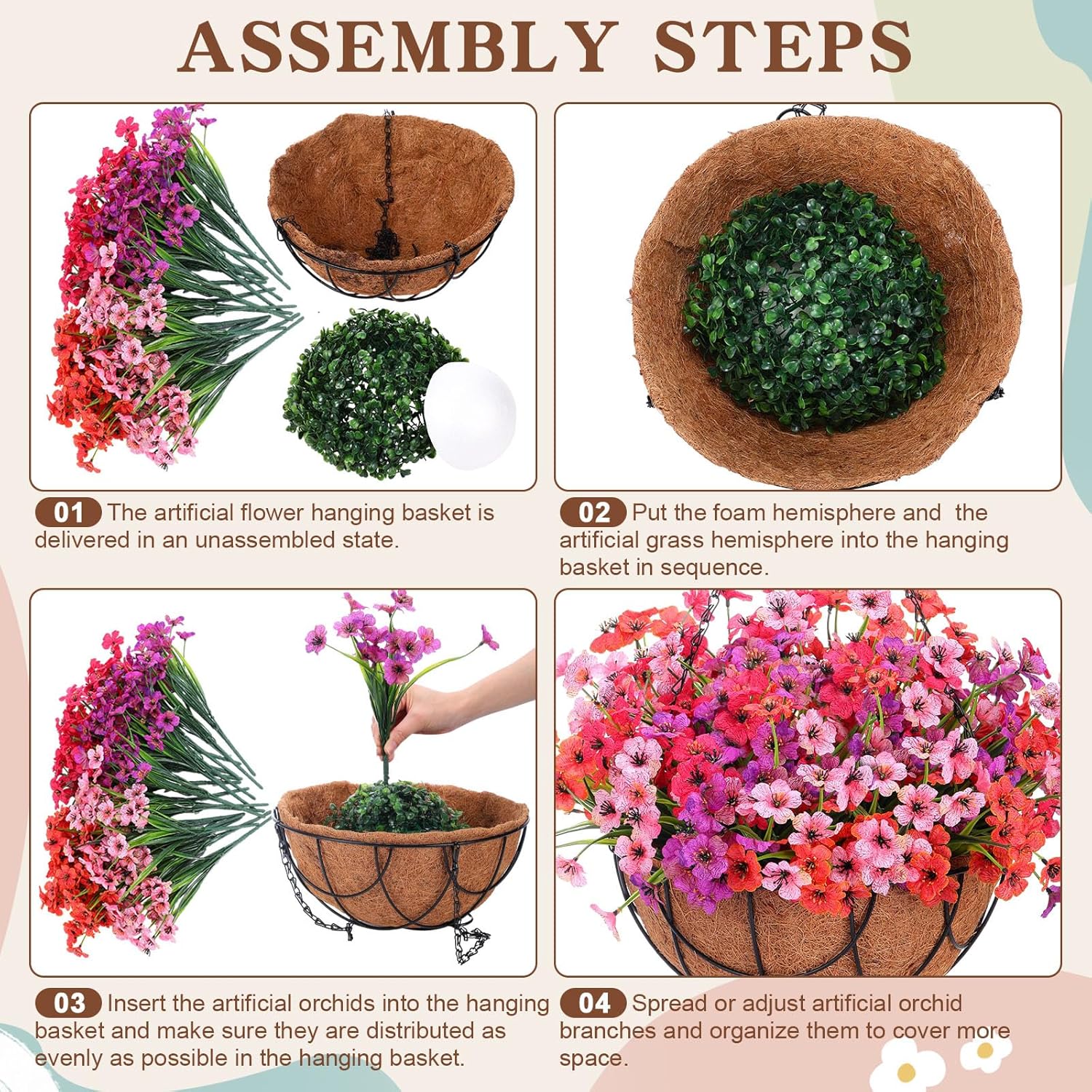 Artificial Spring Hanging Flowers in Basket for Home Decoration Faux Orchid Arrangement Porch Plants Coconut Lining Basket for Autumn Courtyard Decor(Mixed, 4 Pack)