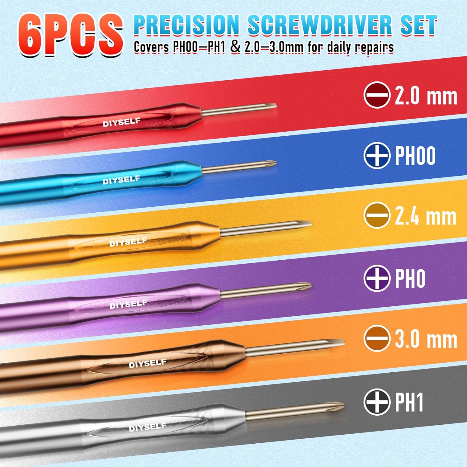 DIYSELF Small Screwdriver Set 6PCS Magnetic Mini Screwdriver Set for Watches, Phone, RC, Eye Glass Repairing Kit, Gifts for Mens, Precision Screwdrivers Set for Dad, Husband from Daughter, Son, Wife