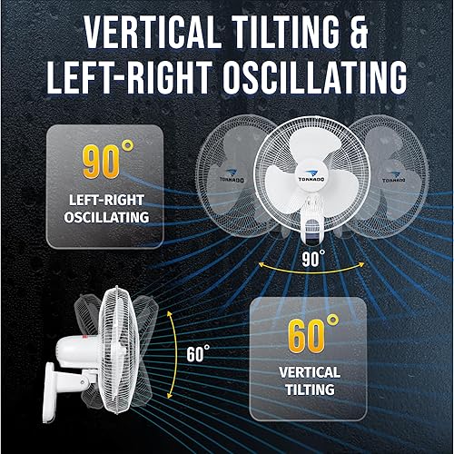 Miniatura 3 de Tornado Paquete de 2 ventiladores oscilantes de montaje en pared de 16 pulgadas, control remoto incluido 3 velocidades 2650 CFM cable de 6 pies con