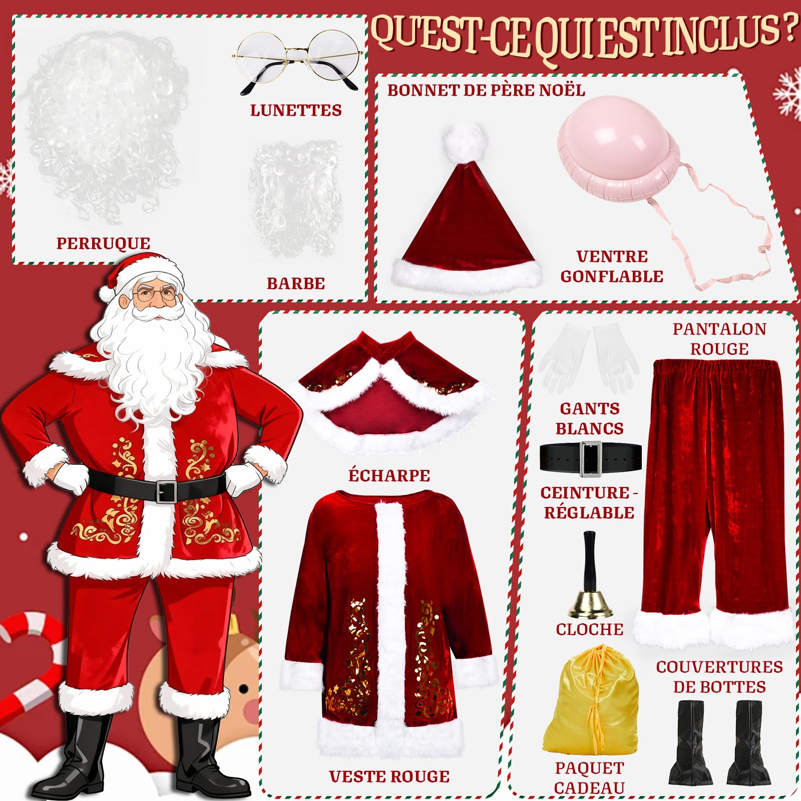 Ulikey Costume Pere Noel Homme, 15 Pièces Deguisement Pere Noel Adulte Tenue Pere Noel Homme Set avec Ensemble Complet Accessoires de Père Noël pour Noël, Carnaval