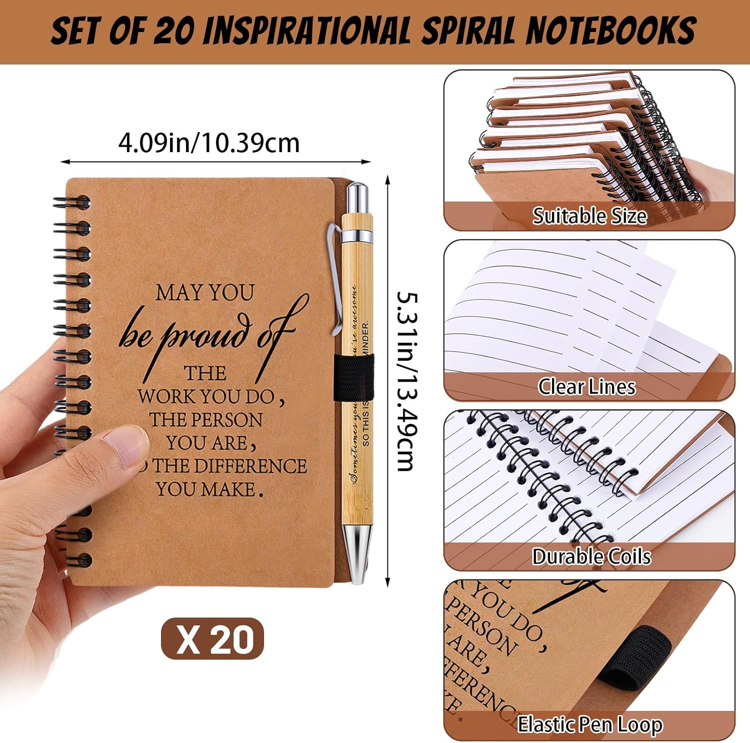 60 Pcs Employee Appreciation Gifts Inspirational Spiral Notebooks Wooden Thank You Keychains Bulk Encouragement Bamboo Ballpoint Pens for Coworkers Nurse Teacher(Classic Style)