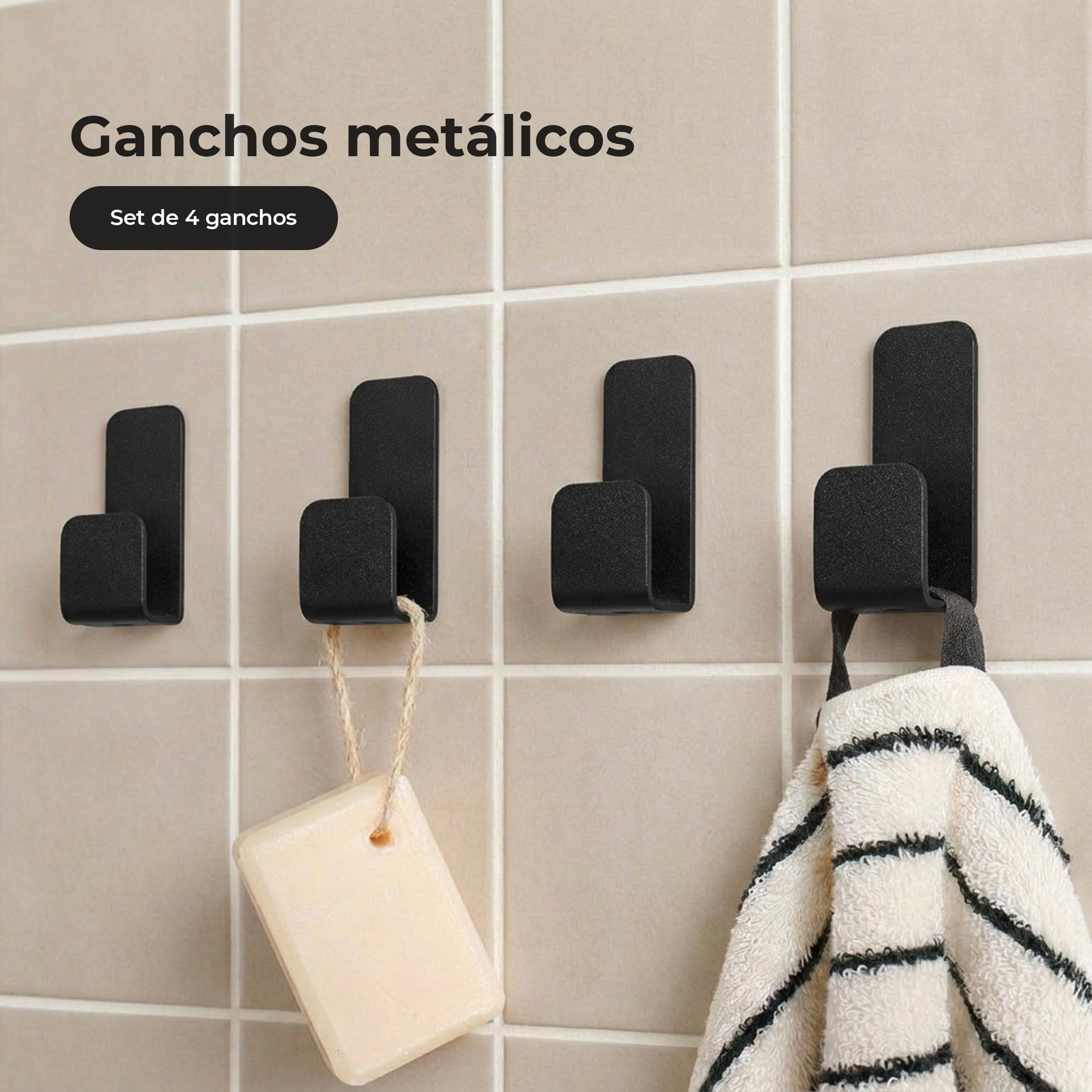 Pack 4 Ganchos Adhesivos para Pared | Colgadores Adhesivos Resistentes | Colgador Toalla Baño sin Taladro | Percha Baño, Dormitorio y Cocina | Negro Mate