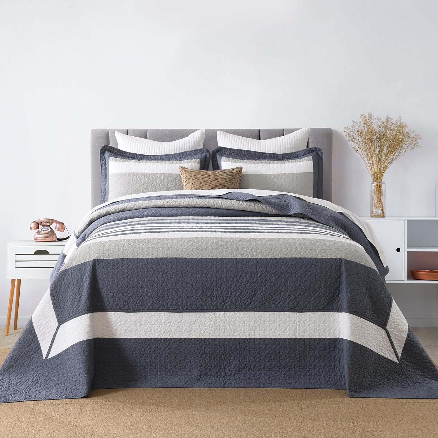 Finlonte Striped Oversized Queen Bedspread 102"x120" - 3 Pieces 100% Cotton Lightweight Bedspread Coverlet Set, Modern Quilted Bed Spread XL Oversized Queen Quilt with 2 Pillowshams, Blue/Gray/White