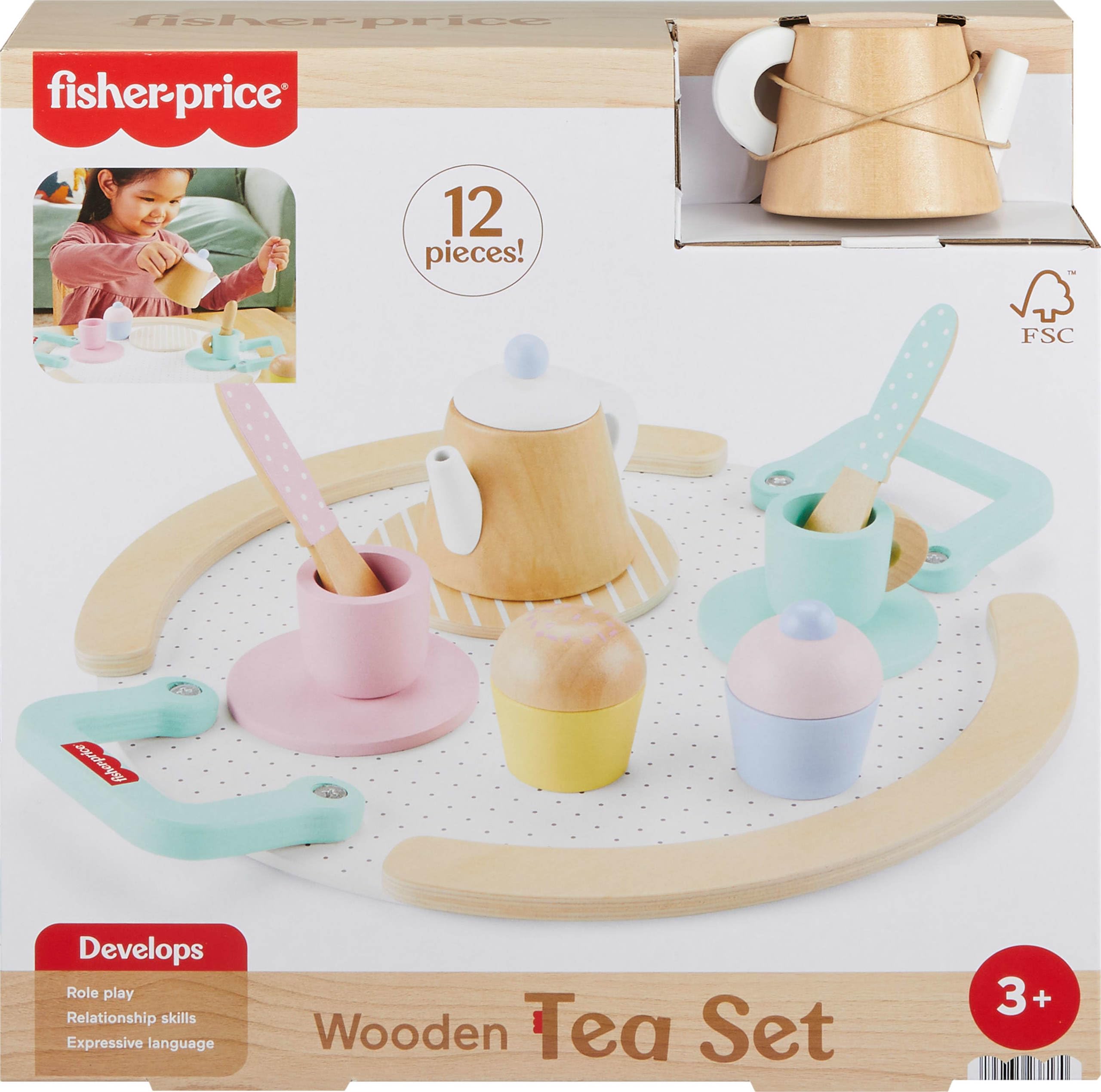 Fisher-Price Wood Pretend Play Toy Tea Set, 12-Piece Wooden Playset with Teapot, Cups & Saucers for Preschool Kids Ages 3+ Years
