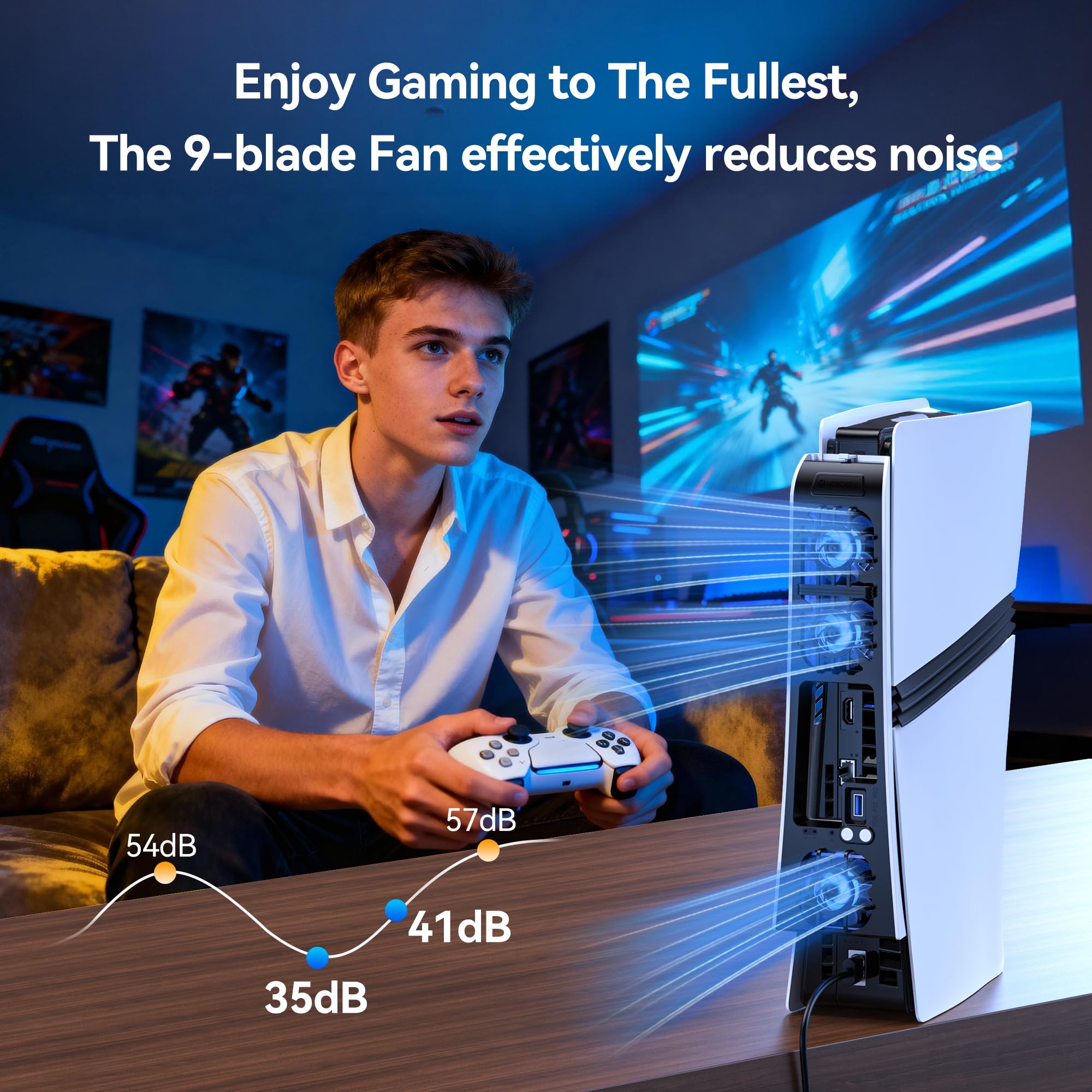 NEWDERY Wentylator do konsoli PS5 Pro, cichy, automatyczna prędkość obrotów, regulacja temperatury, dynamiczne oświetlenie RGB, port USB 3.0, kompatybilny z PlayStation 5 Pro Disc & Digita